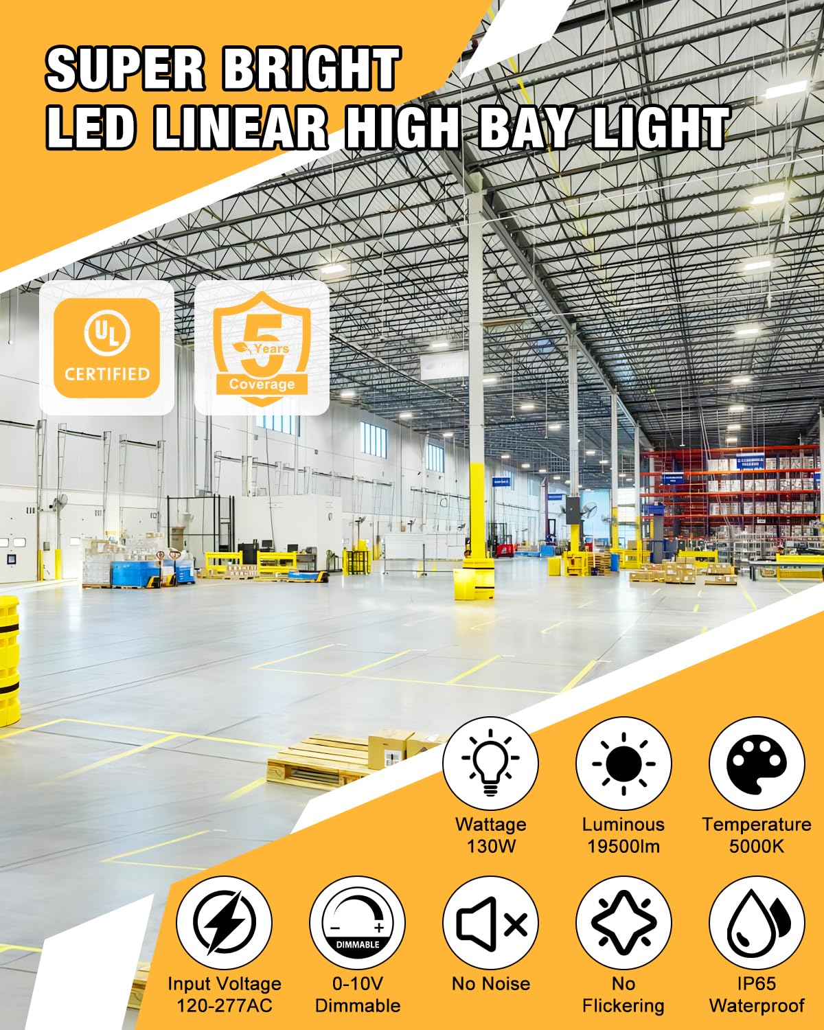 Jc-Lgl Led Linear High Bay Light, 130W 19500Lm High Bay Led Shop Lights, 120-277V, 5000K, 0-10V Dimmable Led Shop Light, Linear High Bay Light For Warehouse Workshops, Ul Complied.
