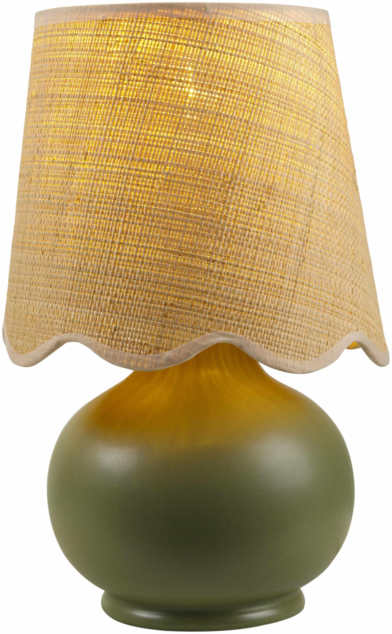 BoutiqueRugs Navarro Boho Ceramic Bedside Table Lamp - Rattan Shade - 13inH x 8inW x 8inD - Green, Beige - Model TXCHMA7