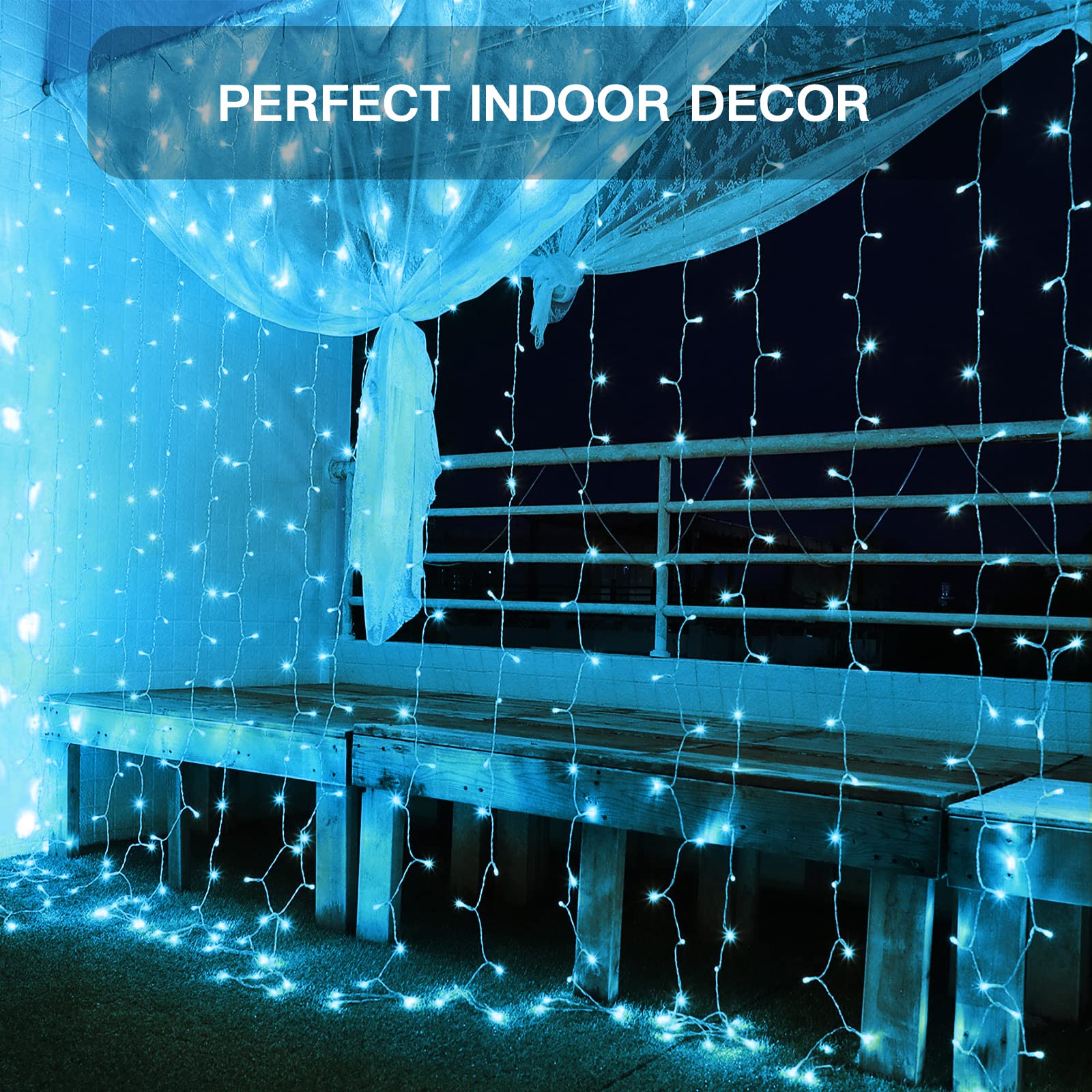 suddus 200 LED Aqua Curtain Lights - Waterproof Fairy String Lights for Bedroom, Wedding, Party, Garden, and Porch Decorations