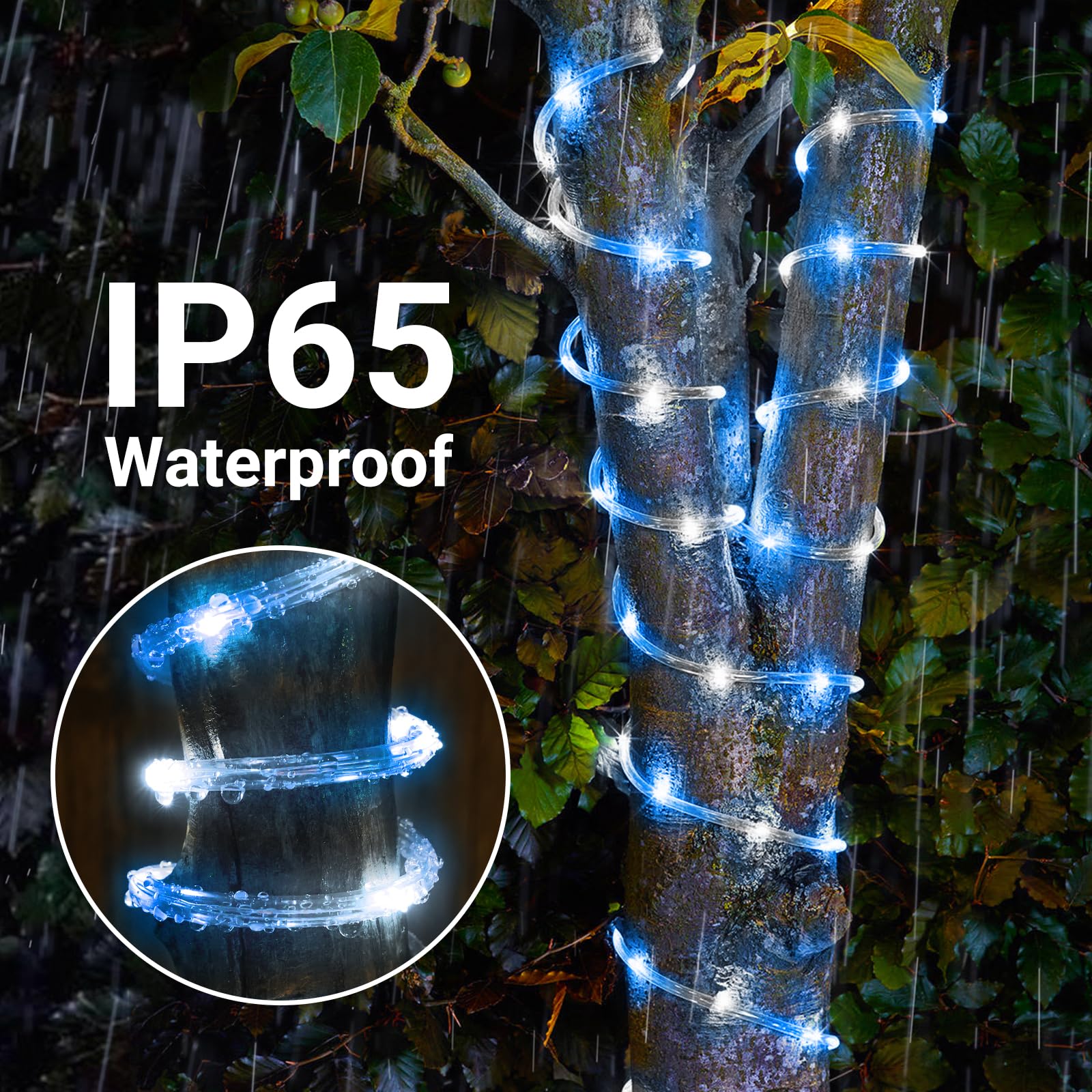 Jnaurb Solar Rope Lights, 132ft 400LED Waterproof String Lights, 8 Modes, Flexible Clear Tube, White & Blue