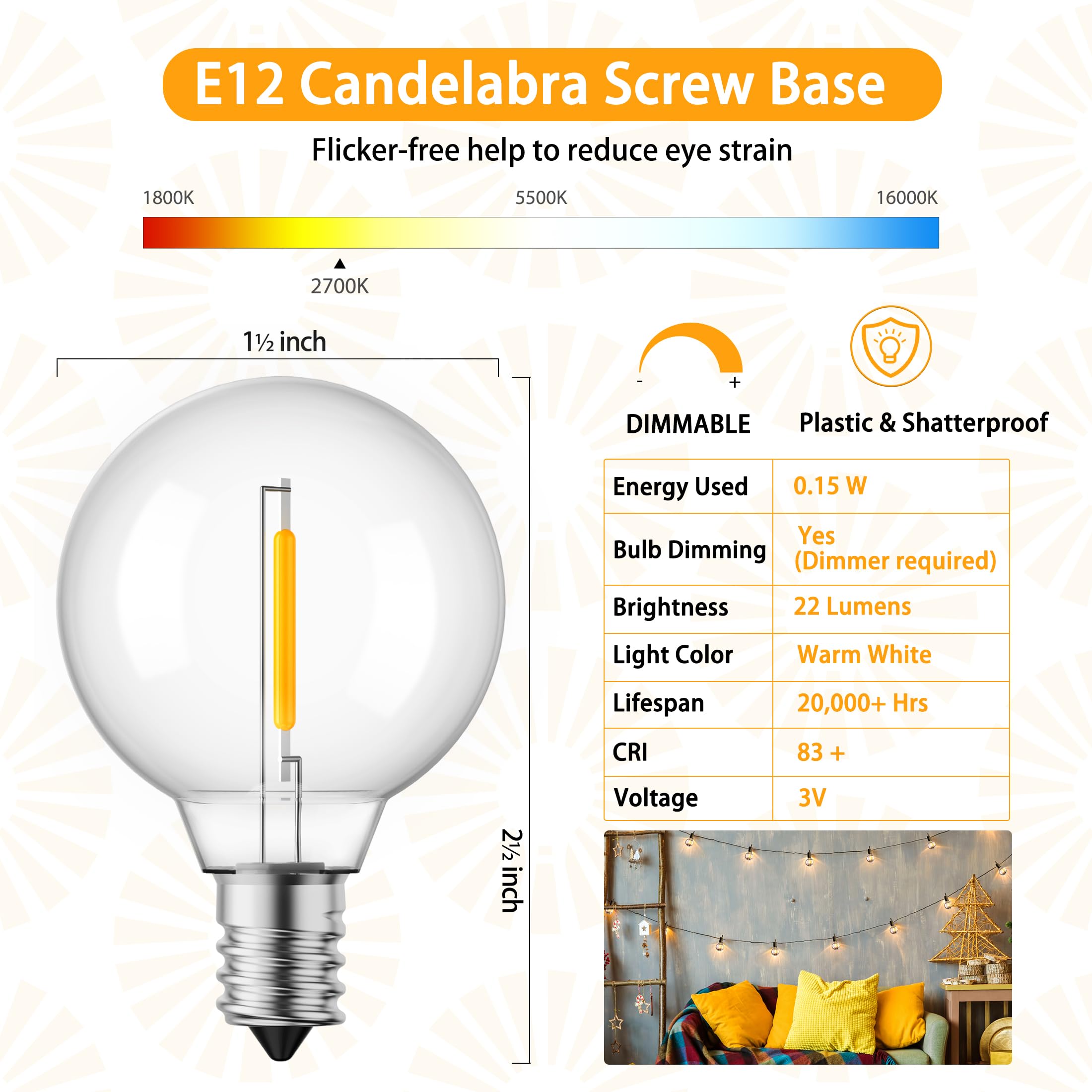 Brightown G40 Solar Replacement Bulbs, E12/C7 Candelabra Screw Base, 3V, 0.15W, 1.5 Inch Shatterproof Globe Led Bulbs Only For S