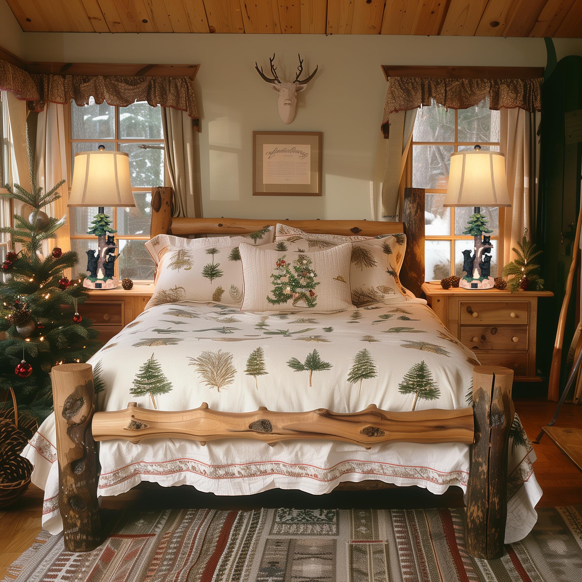 Hamucd Rustic Farmhouse Climbing Bear Table Lamps Set Of 2 For Living Room With Usb A+C,Bedroom Accent Tree Nightstand Lamps For