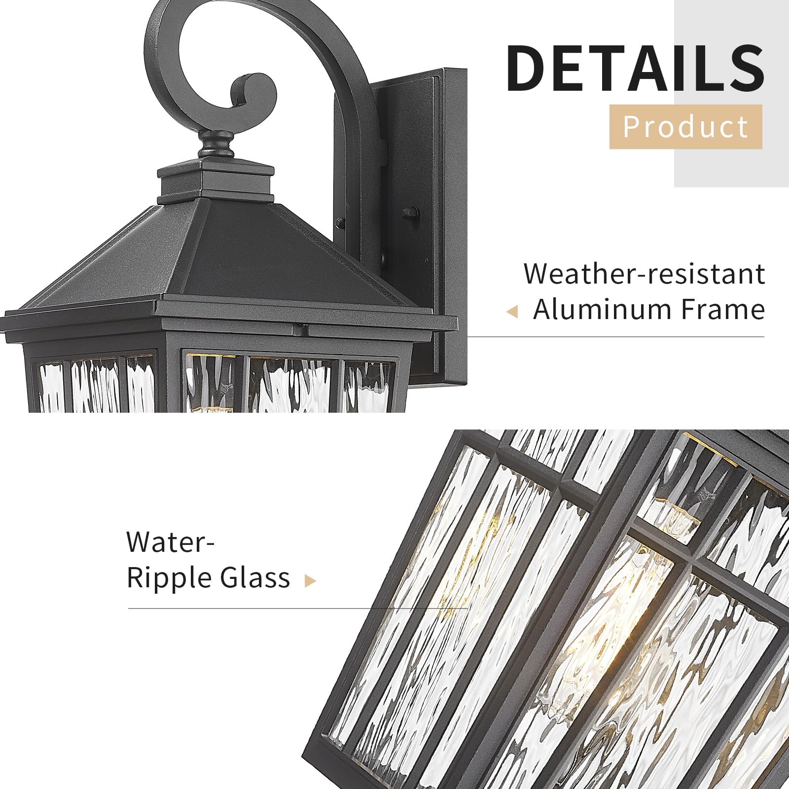 Darkaway 2pcs Large Outdoor Wall Lights, Black Aluminum, Water Ripple Glass, 18inch Exterior Sconces for Porch, Garage, Hallway