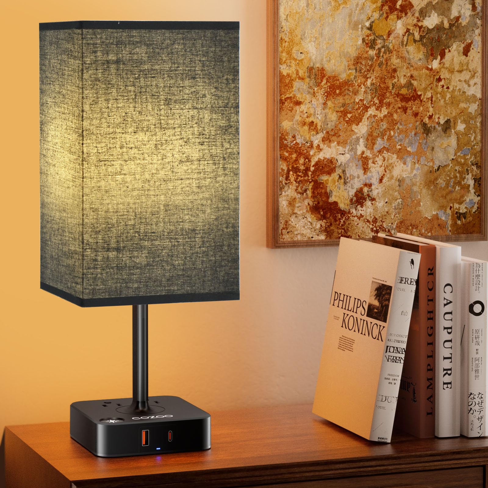cozoo USB Bedside Table Desk Lamp with 3 USB Ports, 2 Outlets, 5.2inD x 5.2inW x 13.65inH, Black Fabric Shade