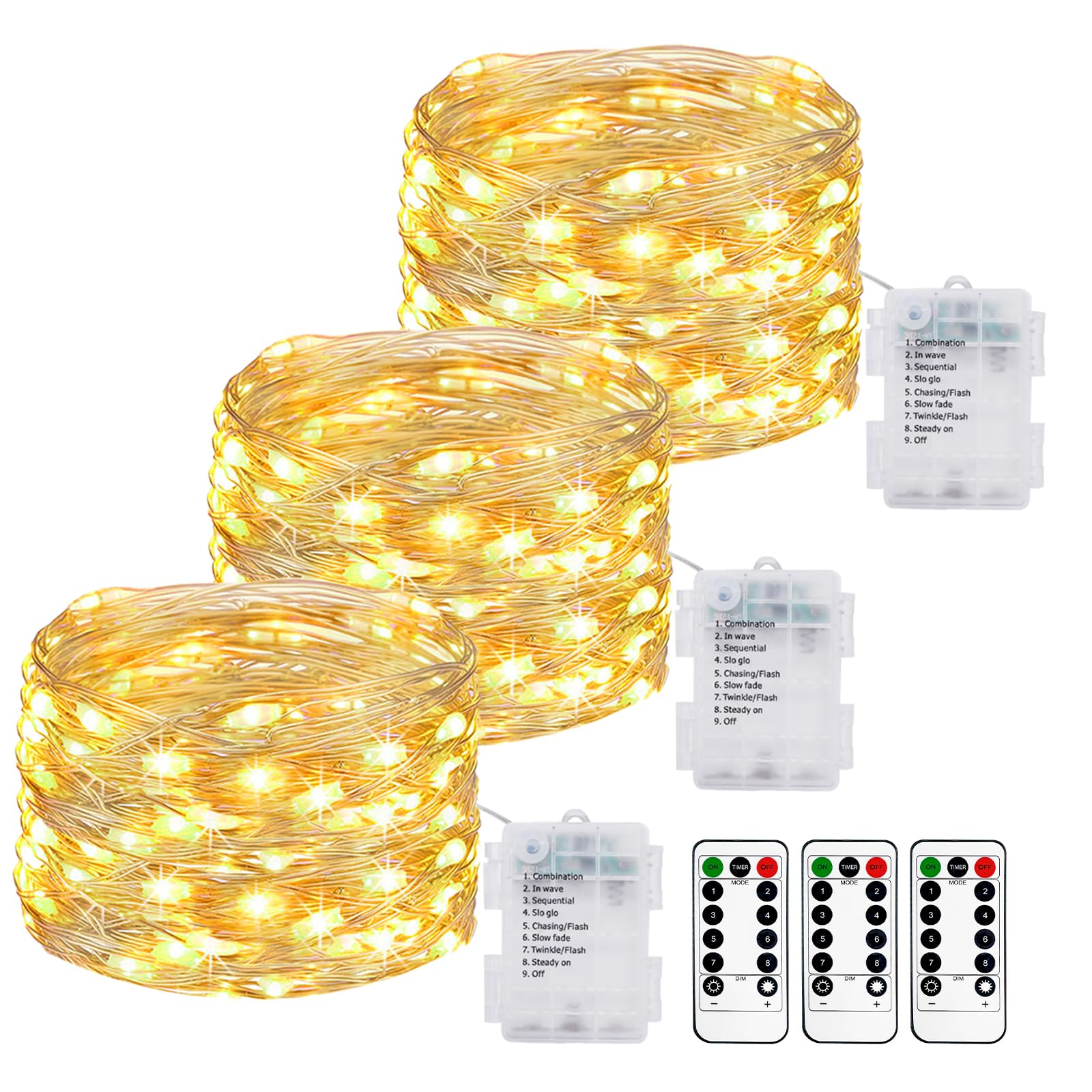Litogo 3 Pack 33FT 100 LED Fairy Lights Battery Operated with Remote and Timer, IP65 Waterproof Twinkle Lights Battery Powered 8 Mode Silver Copper Wire String Light for Outdoor Indoor Christmas Decor