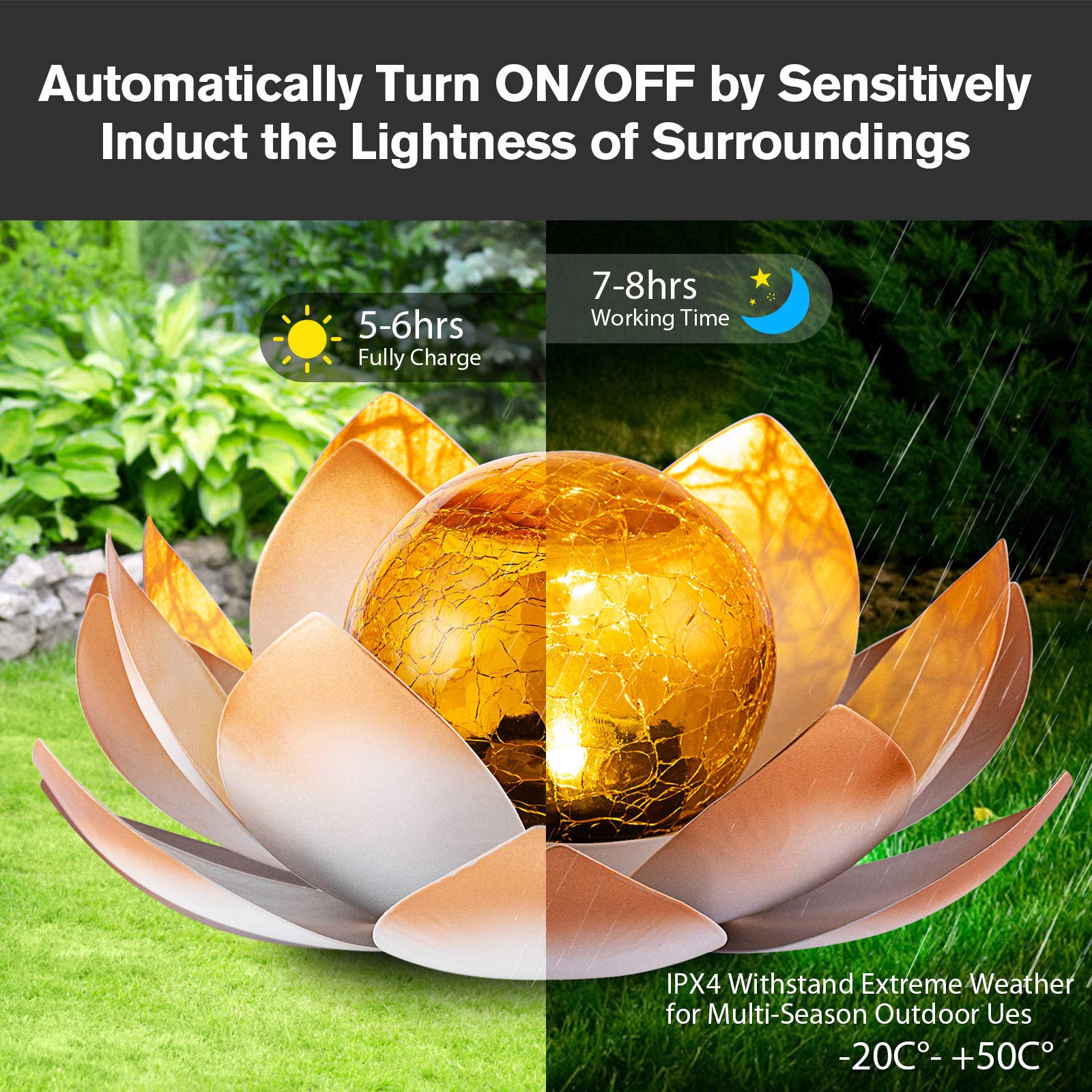Aiiny Garden Solar Lights Outdoor(2Pack) , Amber Crackle Globe Glass Lotus Decoration , Waterproof Orange Metal Led Flower Light