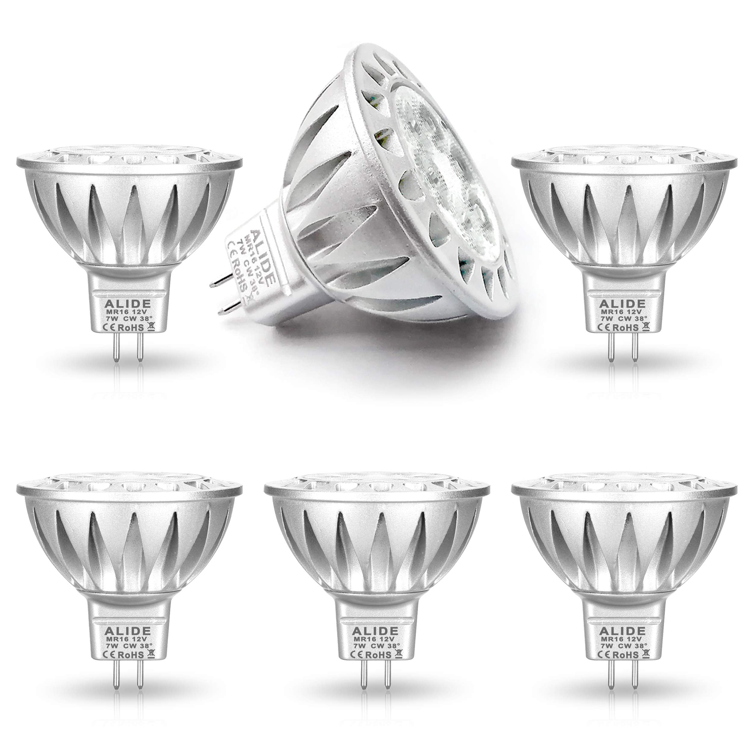 Alide Mr16 Led Bulbs 7W Daylight White 6 Pack, 12V Gu5.3 Aluminum Spotlight, 50W-75W Halogen Equivalent, Not Dimmable