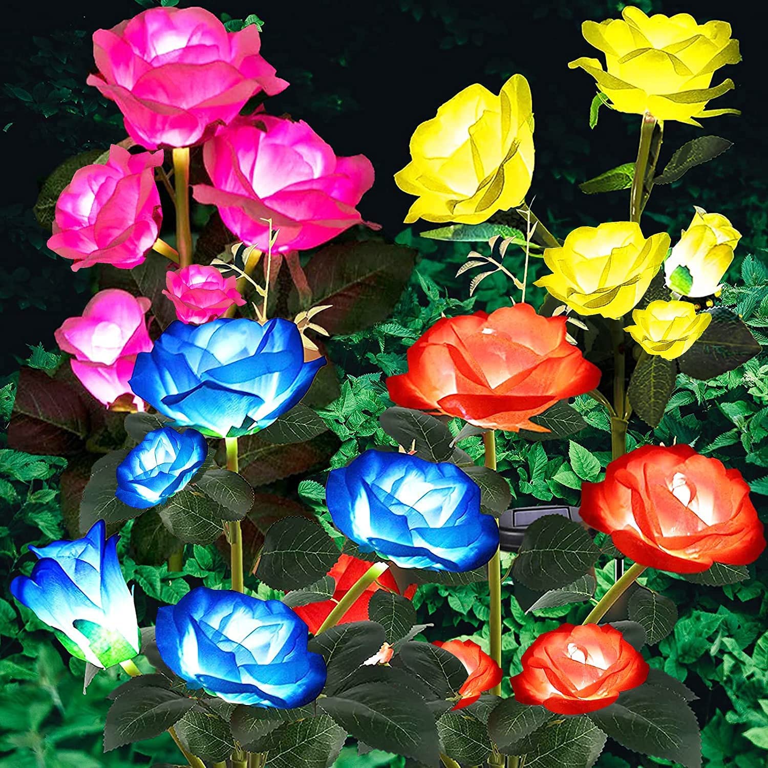 Angmln 4 Pack Solar Garden Lights, Solar Flower Lights Outdoor Waterproof With 20 Head Rose 7-Color Changing Landscape Lights Fo