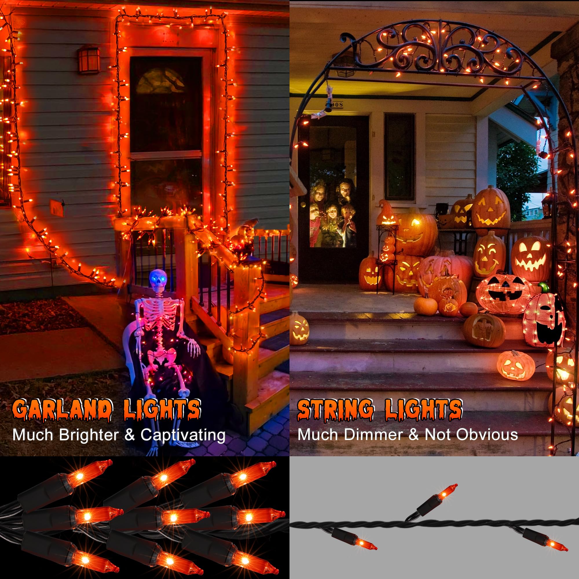 Brizled Orange Halloween Lights, 300 Count Halloween Garland Lights Connectable, Amber Incandescent Halloween Lights, UL Certifi