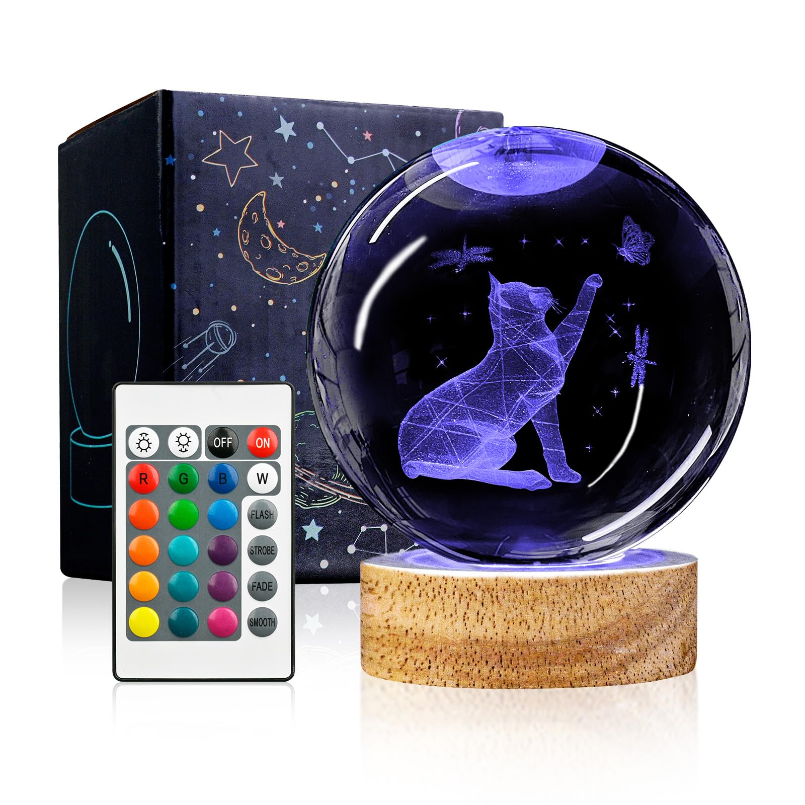 YYLZEPHB 3D Cat Crystal Ball Night Light with Woodern Base, 3.15'' Cat Figurines Glass Lamp with 16 Colors Cat Snow Globes Cool 