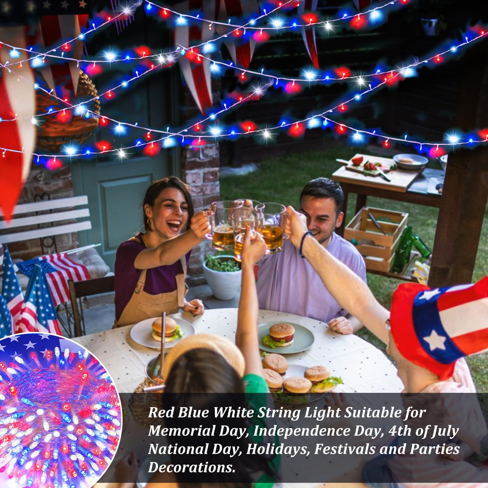 Sanjicha Red Blue White 200 Led 66Ft Christmas String Lights For Outdoor&Indoor, 11 Modes Christmas Tree Clear Wire Fairy Waterp