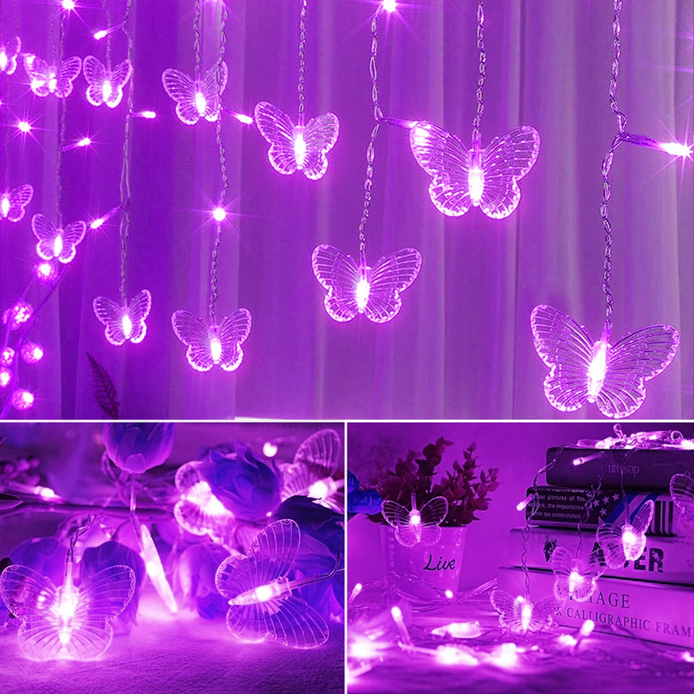 Sunkite Purple Butterfly Curtain Fairy Lights, 120 Led Usb, 20Ft, 8 Modes, Waterproof For Parties