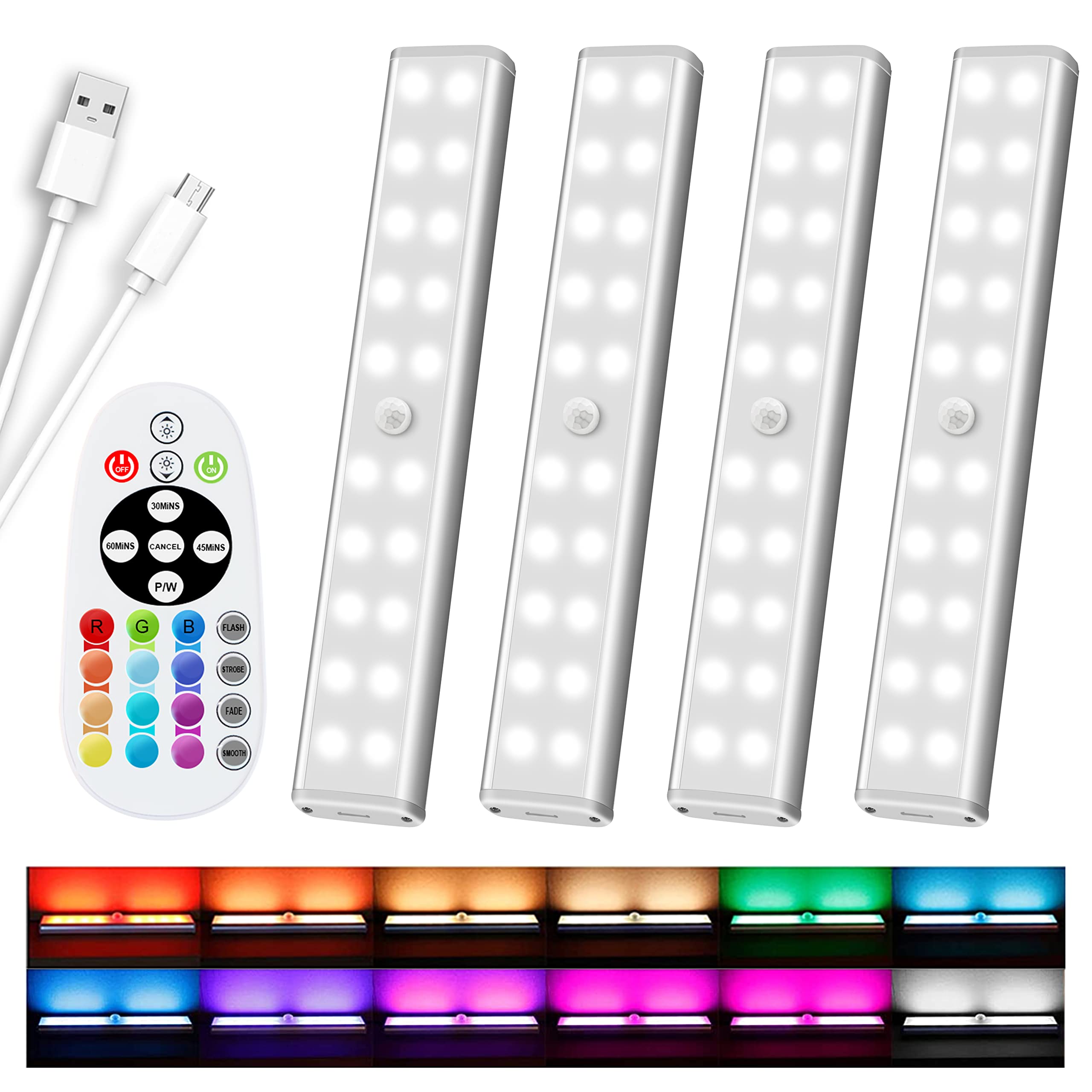 Diomart 48 LED Under Cabinet Lights, Wireless RGB with Remote Control, Rechargeable, Multicolor, 4 Pack