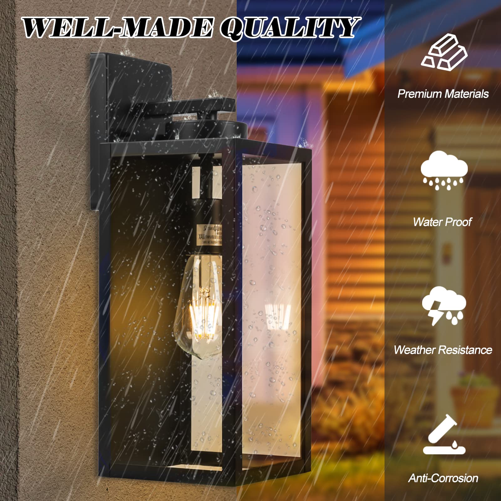Yolsunes Outdoor Wall Light Fixture, 16in Black Metal Lantern, Waterproof, Modern Design