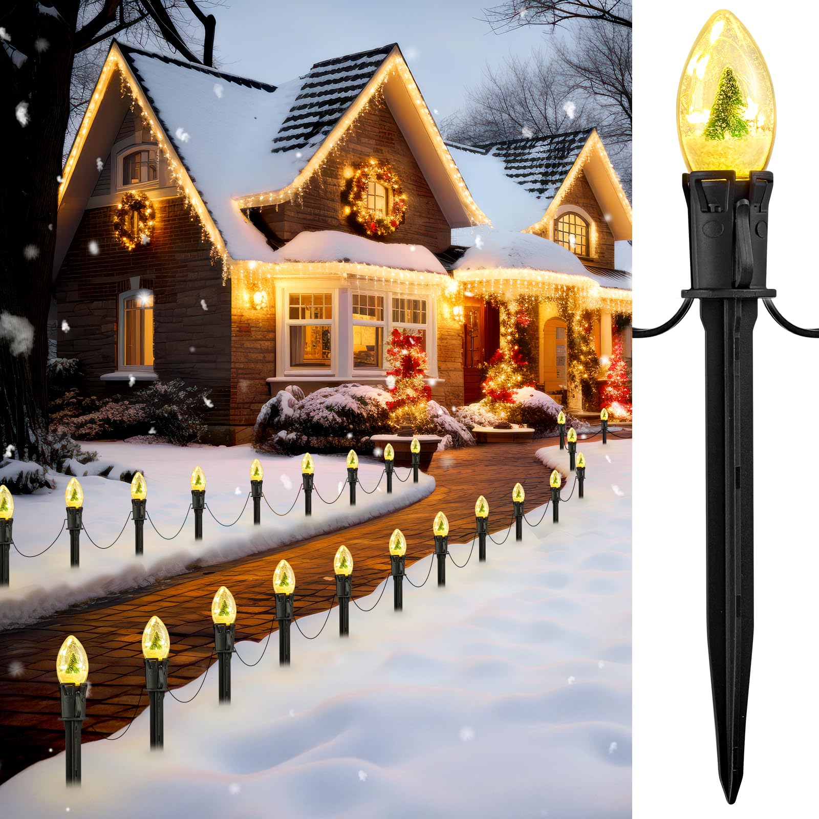 C9 Christmas Pathway Lights Outdoor, 25Ft 20 LED Christmas String Lights with Stakes, 3 Light Modes, Waterproof Connectable Chri
