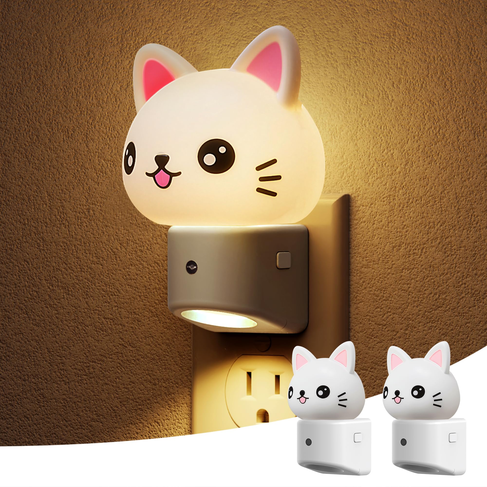 L LOHAS LED Night Light for Kids, 3D Cat Night Light Plug in, Dusk to Dawn Nursery Night Lights, RGB+Soft White 3000K, 3 Lightin