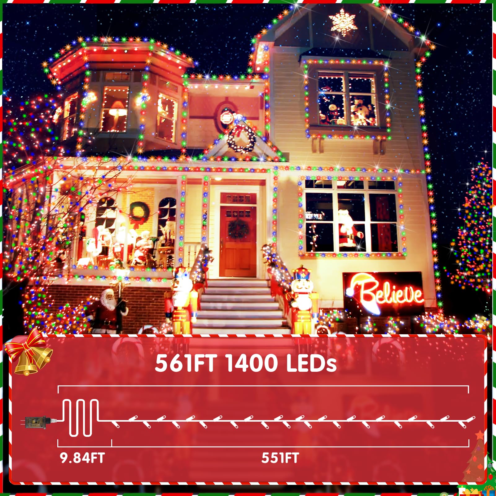 XURISEN LED Christmas Lights Outdoor 1400 Lights 551FT Green Wire Multicolor Plug-in 8 Modes with Timer Waterproof