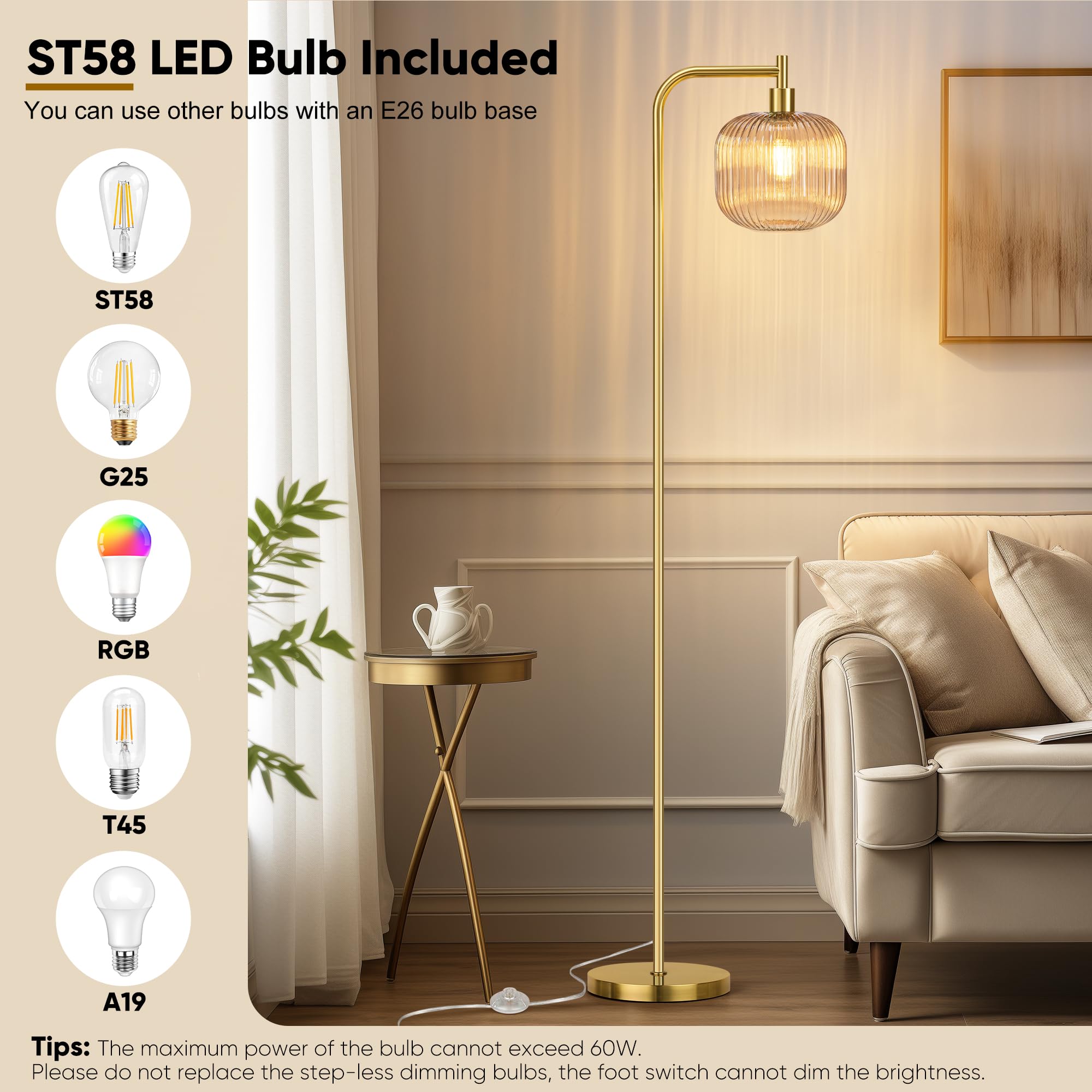 QiMH Modern Glass Floor Lamp, 67” Tall, Brushed Gold & Champagne, Ribbed Lampshade, Includes 2700K LED Bulb, Model STR-FL-0096