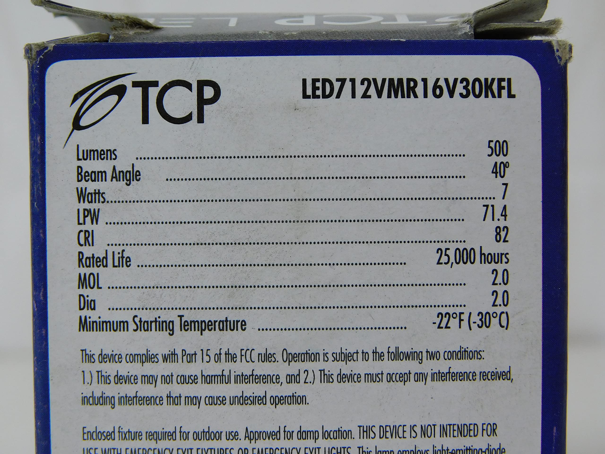 TCP MR16 LED Lamp 7W 500 Lumens 82 CRI 3000K Halogen White 2-Pin GU5.3 Base Model LED712VMR16V30K