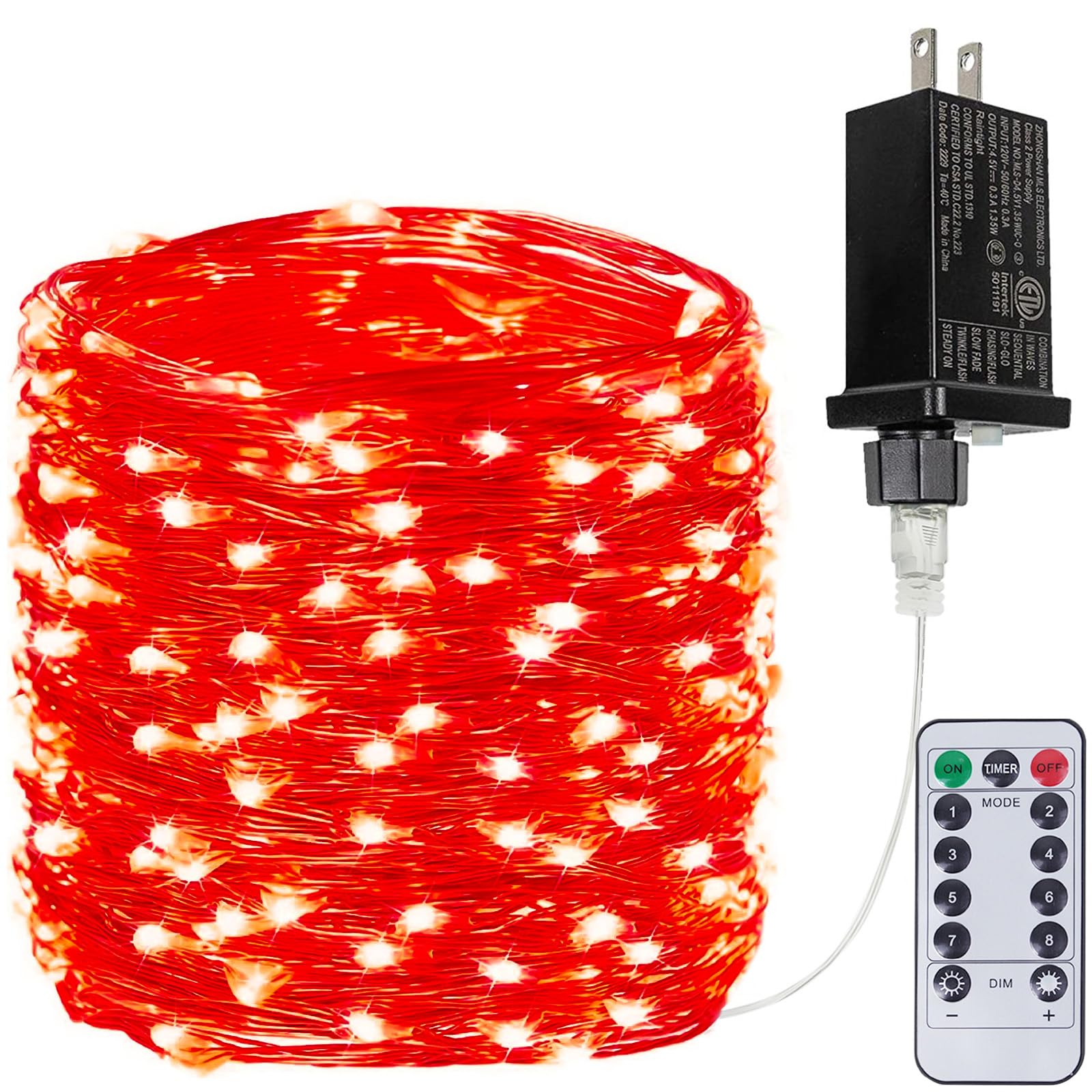 BHCLIGHT 66Ft 200 LED Fairy Lights, Waterproof String Lights, 8 Modes, Remote, Copper, Red, Model MLS-D4.5V1.35WUC-O