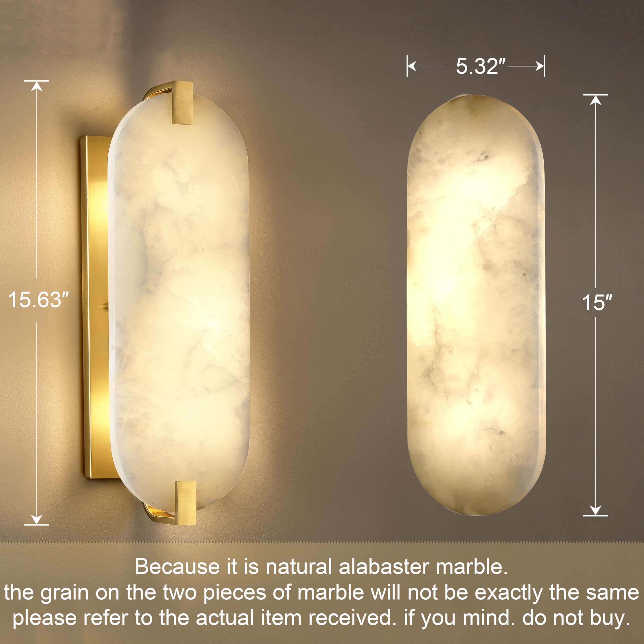 Cjy Chenjinyan 2 Pack 2 Light Oval Alabaster Marble Bathroom Wall Sconce Modern Concise Style Wall Light Fixture,Brushed Bronze