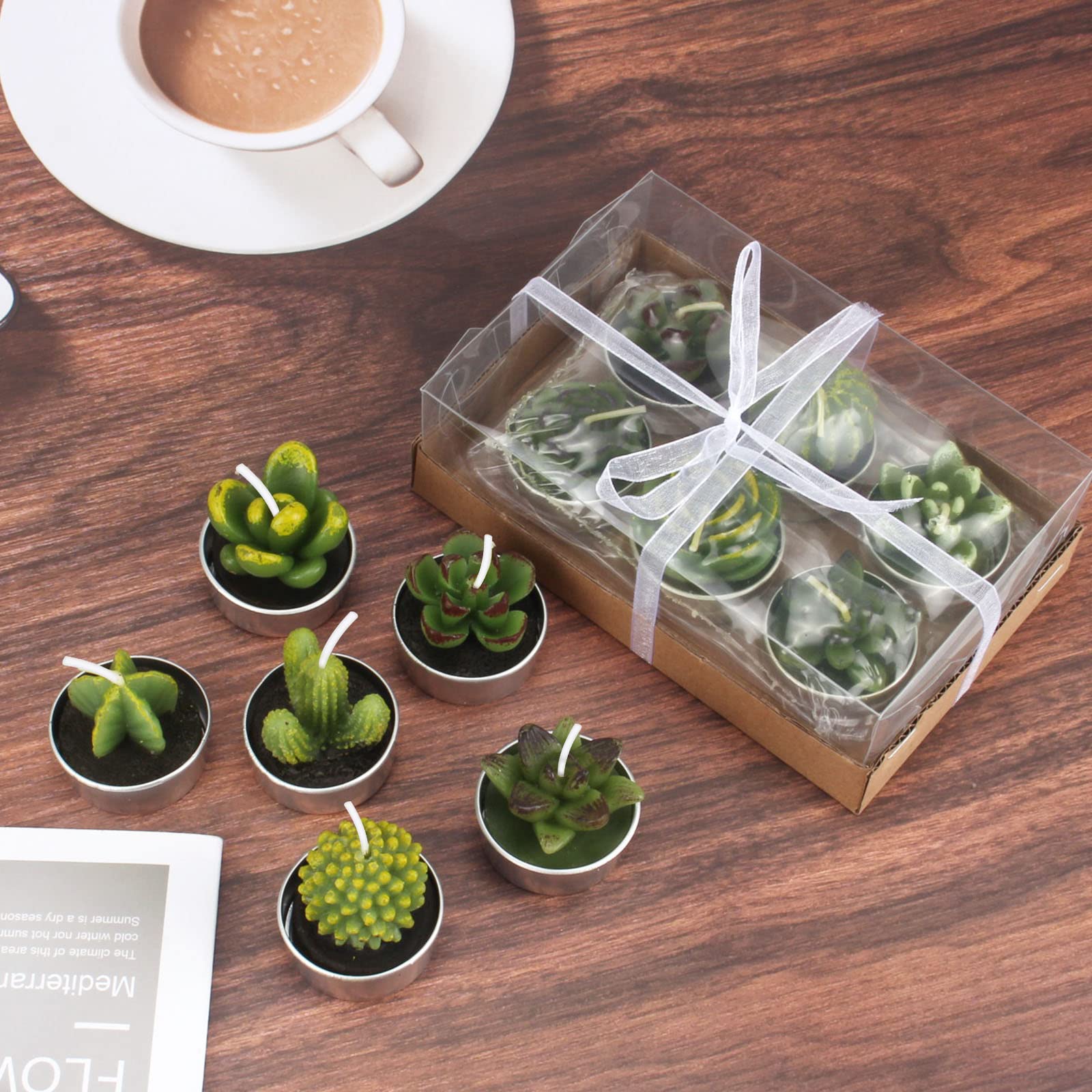 Outee 12 Pcs Cactus Tealight Candles Handmade Delicate Succulent Candle Cactus Candles Smokeless Aromatherapy Mini Candles Tea L