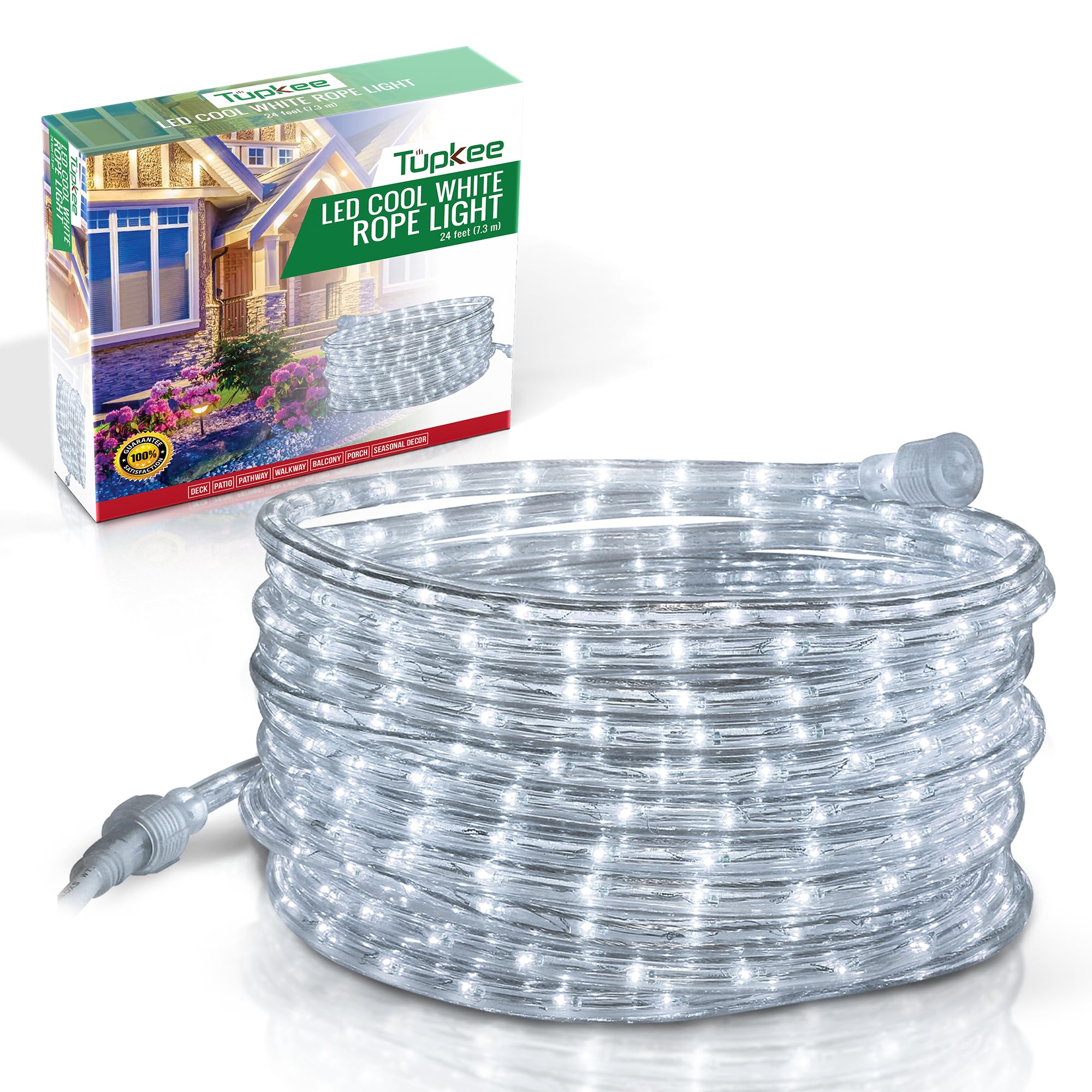 Tupkee LED Rope Light, Cool-White, 24 Feet, 144 LED Bulbs, PVC Tube and Copper Wire, Model RL-24-LCW2, Indoor/Outdoor Use