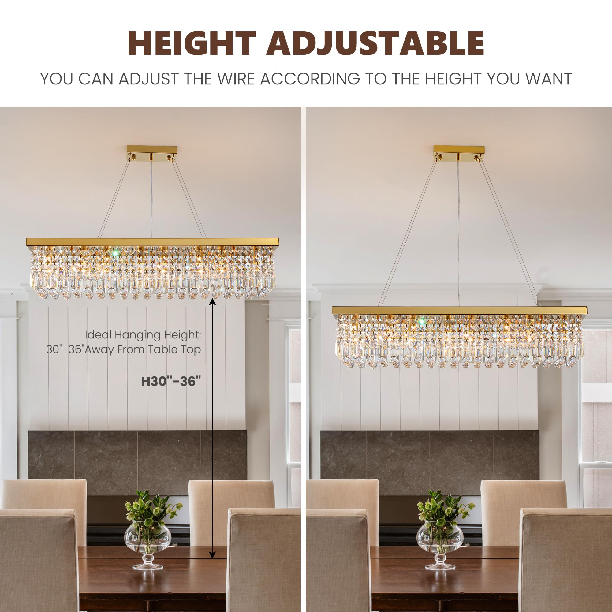 Tinkoso 8-Light Modern Crystal Chandelier, Gold, L40" x W10" x H10", Stainless Steel, Model LH-00910, Ideal for Dining Room, Kitchen, Bar