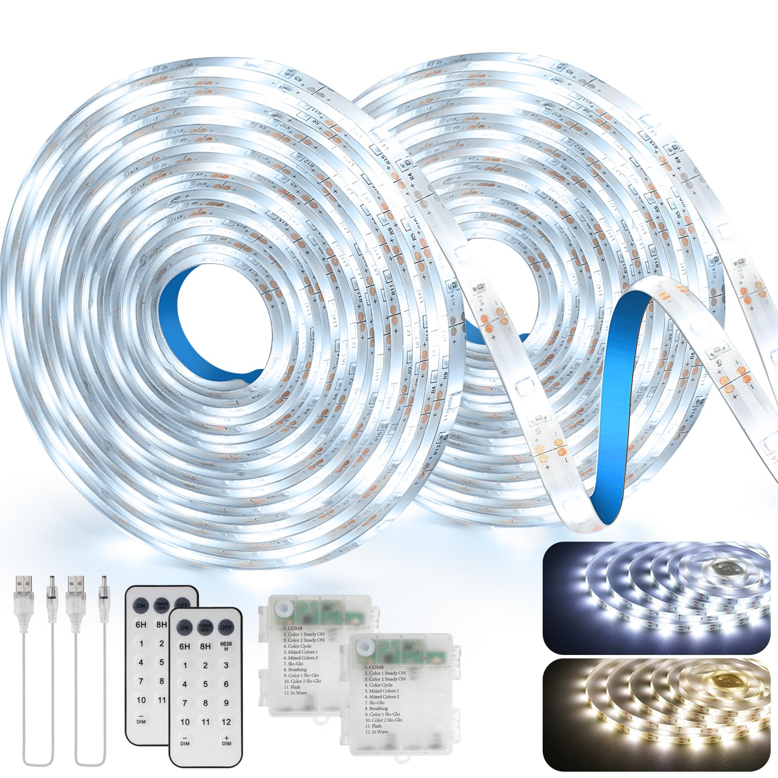 OMIKA LED Strip Lights 2 Pack, 16.5ft, 150 LEDs, Tunable White, Waterproof, Battery Operated, Remote, Dimmable, Warm & Cool White