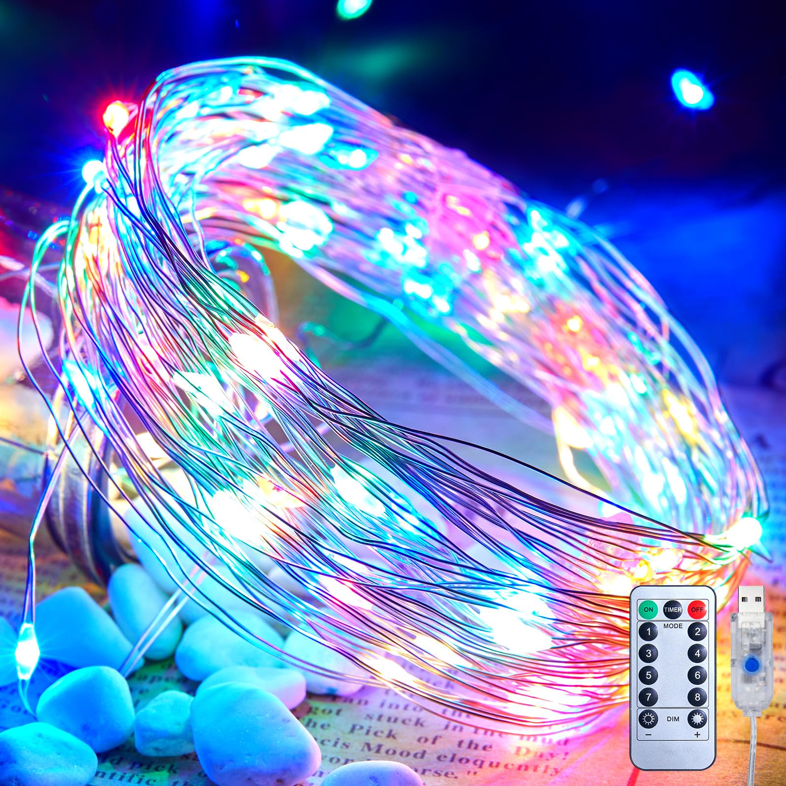 Minetom USB Fairy Lights Plug in, 33 ft 100 LED Twinkle String Lights with Remote and Timer, Waterproof 8 Modes Starry Lights for Indoor Wreath DIY Party Wedding Christmas Decoration, Multicolor