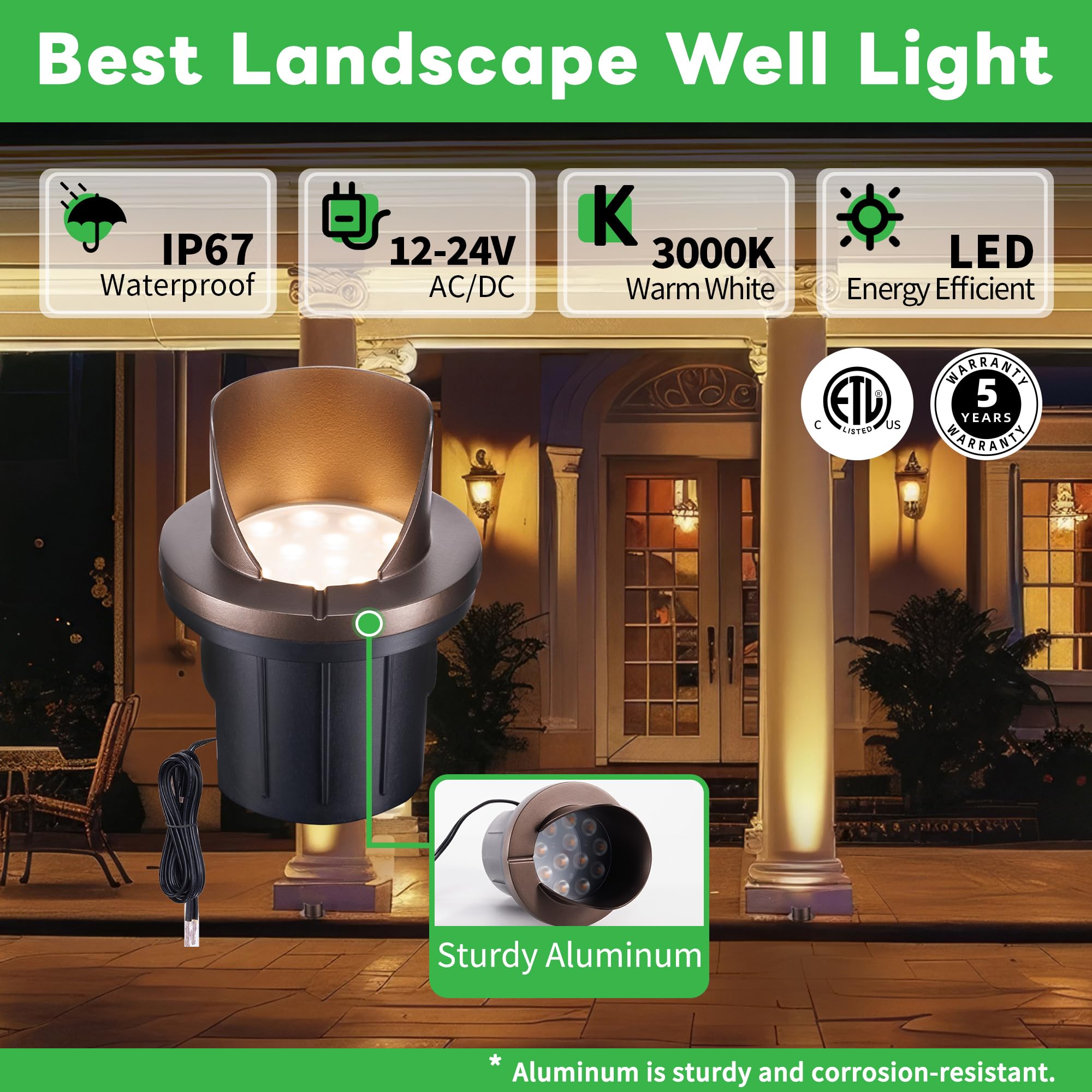 Varmtalys Landscape Well Lights, Led Low Voltage Ground Lights Outdoor, 12V Ip67 Waterproof, Anti-Glare Wired Aluminum Orb For W