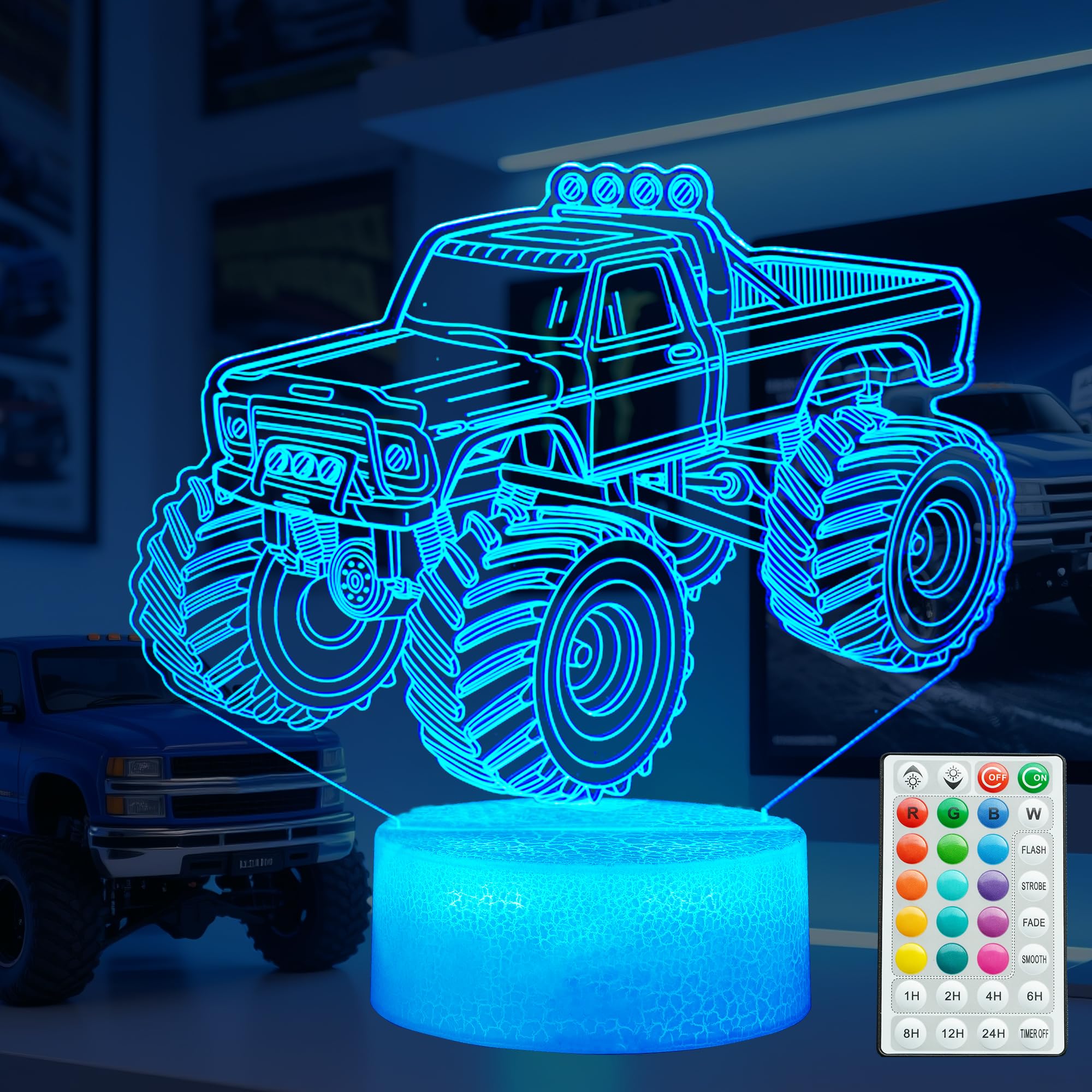 Monster Truck Night Light, Monster Truck Gifts, 3D Illusion Lamp with 16 Colors Changing, Remote Control with Timer, Dimmer, Kid