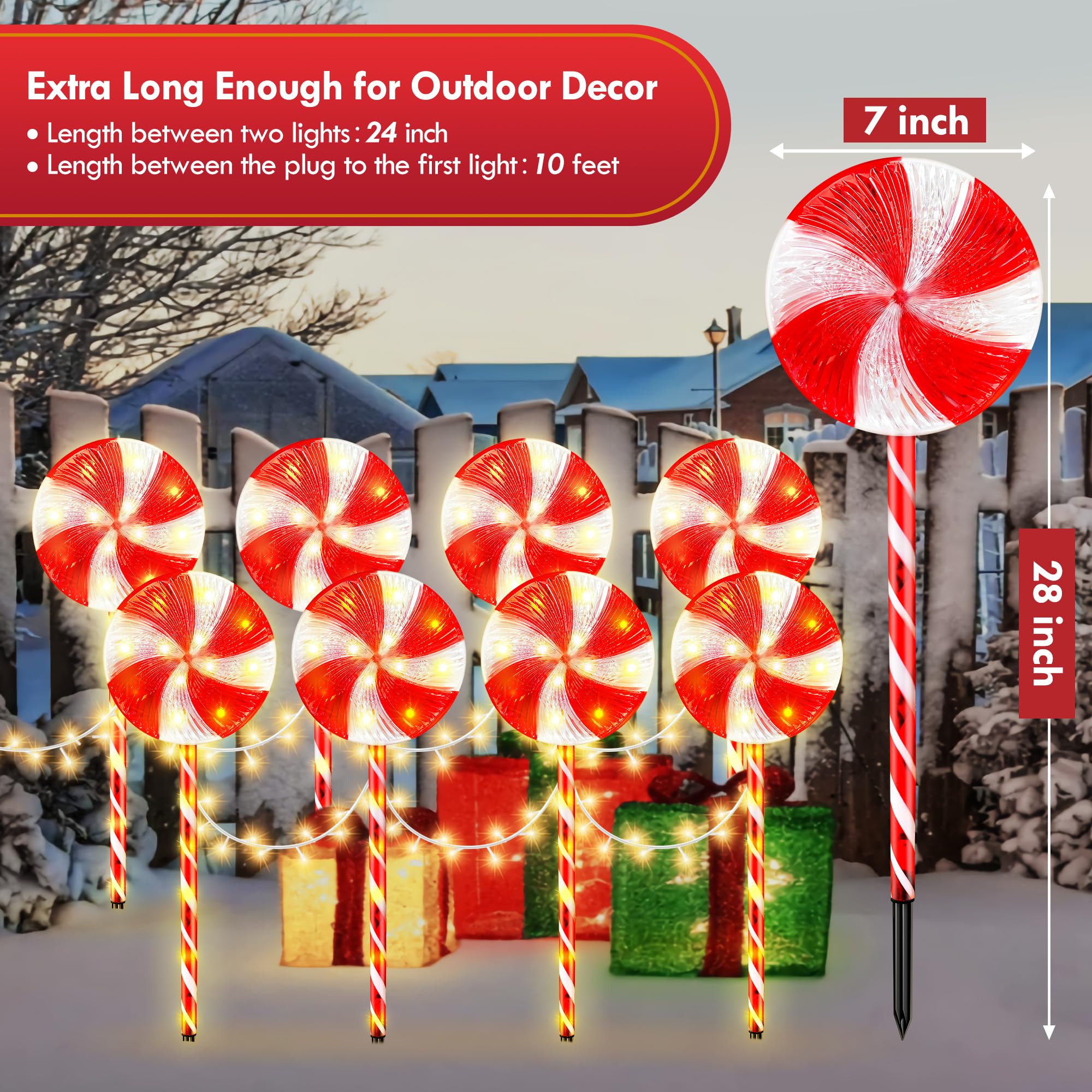 8PK 28inch 230LED 8 Modes Christmas Lollipop Pathway Light Outdoor Christmas Decorations Flickering Outdoor Christmas Pathway Li