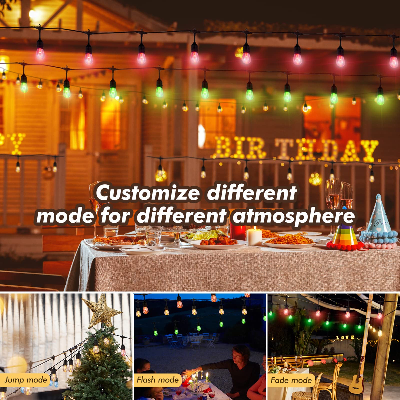 Ipstank Color Changing Outdoor String Lights, 48Ft Patio Waterproof Porch Light With Remote, For Balcony Decor