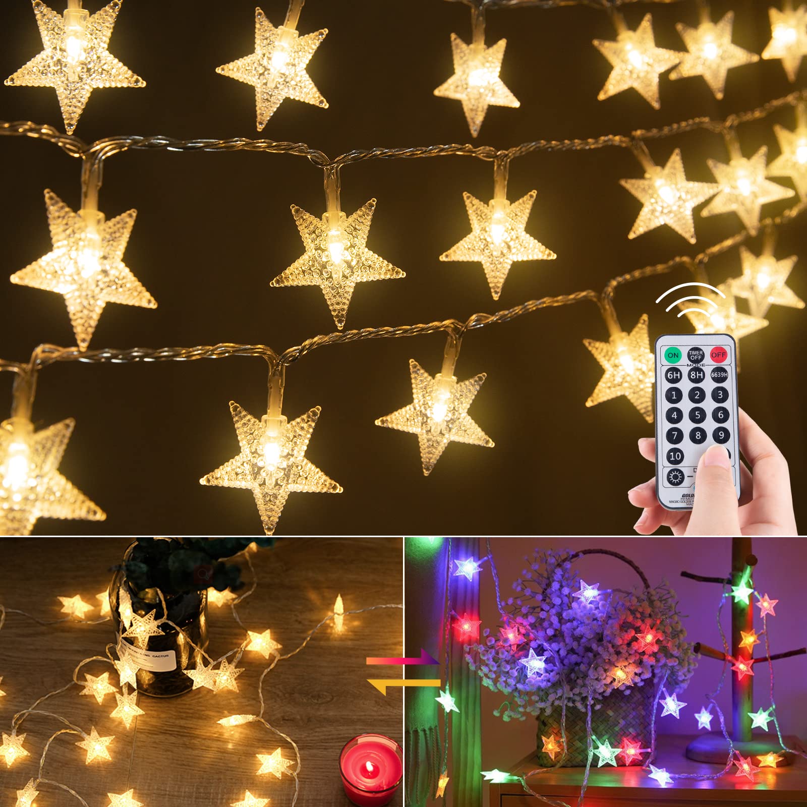 Minetom Star String Lights - 33ft 100 LED Waterproof Fairy Lights with Remote, Warm White + Multicolor, Model GP-SW290DC0209-IP44(US)A