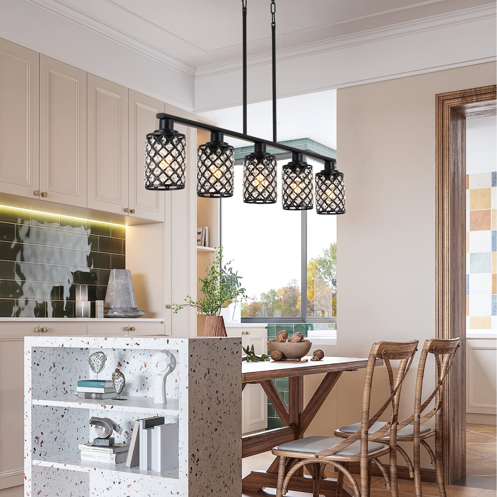KPIOK 5-Light Kitchen Island Pendant Chandelier, Black Metal with Handmade Crystal Shade, Ideal for Dining Table and Living Room