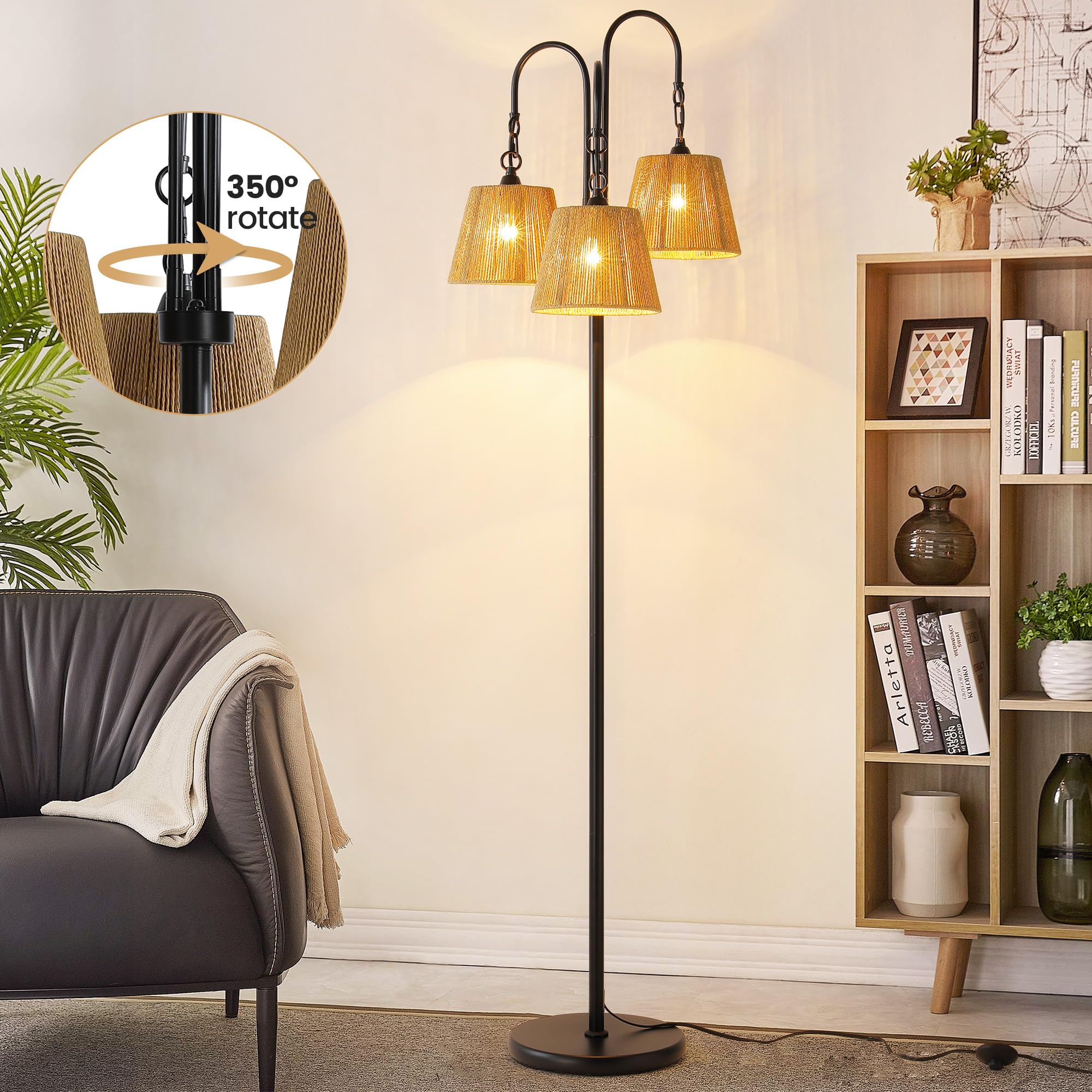 ZenGlimmer Rattan Floor Lamp - 68in Bohemian-Black, 3-Light Tree Lamp with Natural Shade, E26 Socket, Footswitch for Living Room or Bedroom