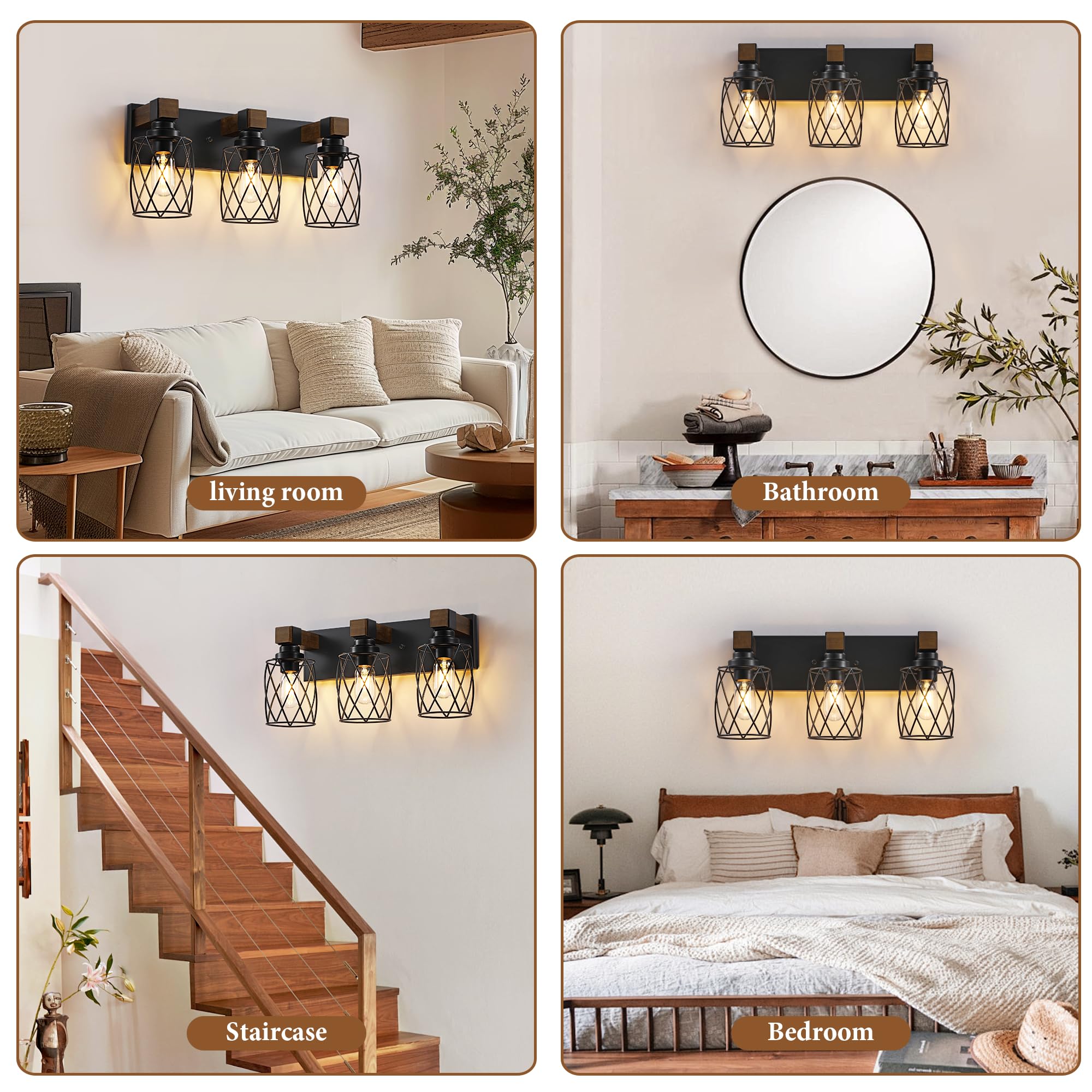 Xvmbvm Farmhouse Bathroom Vanity Light  3-Light Wood Bathroom Light Fixtures Over Mirror  Black Industrial Vanity Lights With Metal Shade  Rustic Bathrooms Lighting For Living Room  Bedroom  Hallway