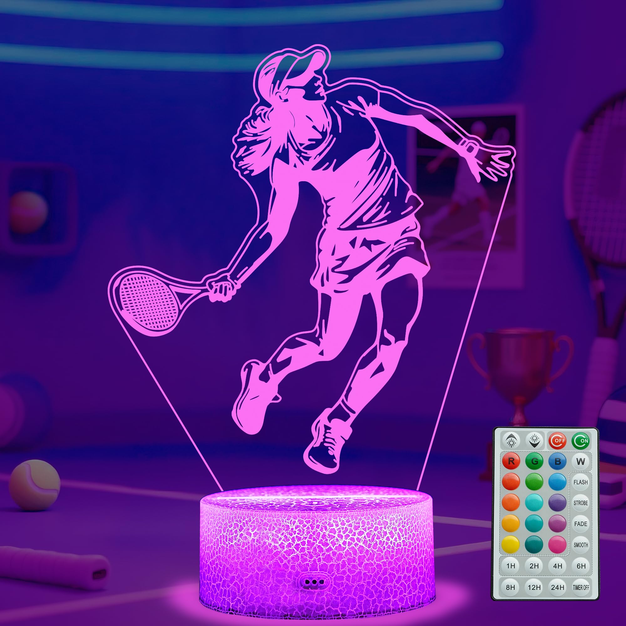 POSSHE Tennis Night Light, Tennis Gifts for Girls, 3D Illusion Lamp with Remote Control, 16 Colors Changing, RGB Flashing Mode, 
