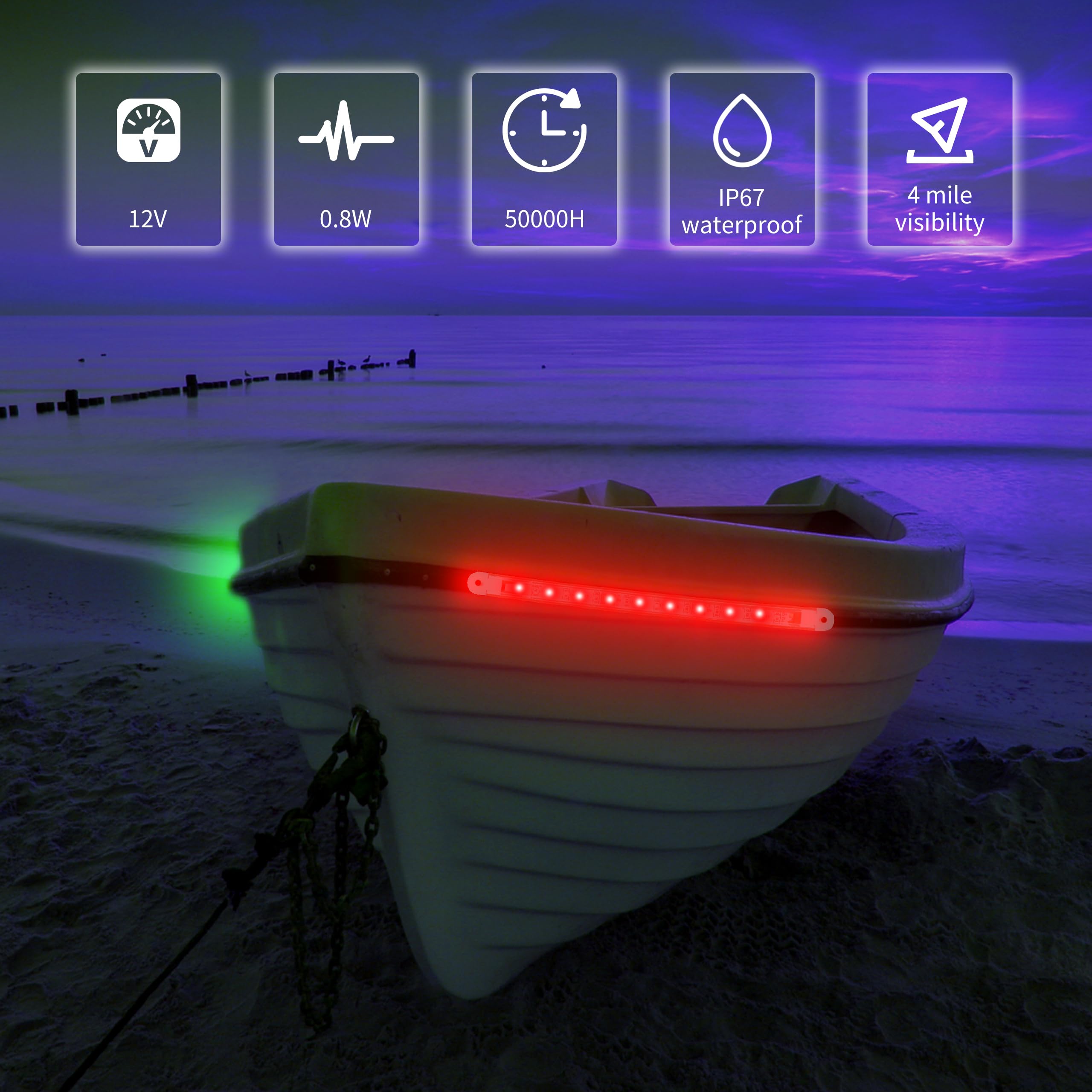 RVZONE Boat Navigation Lights - Red and Green Bow Lights, LED Deck Lighting for Night Fishing, Model RBNW2PK, 7.8 inch, White Shell