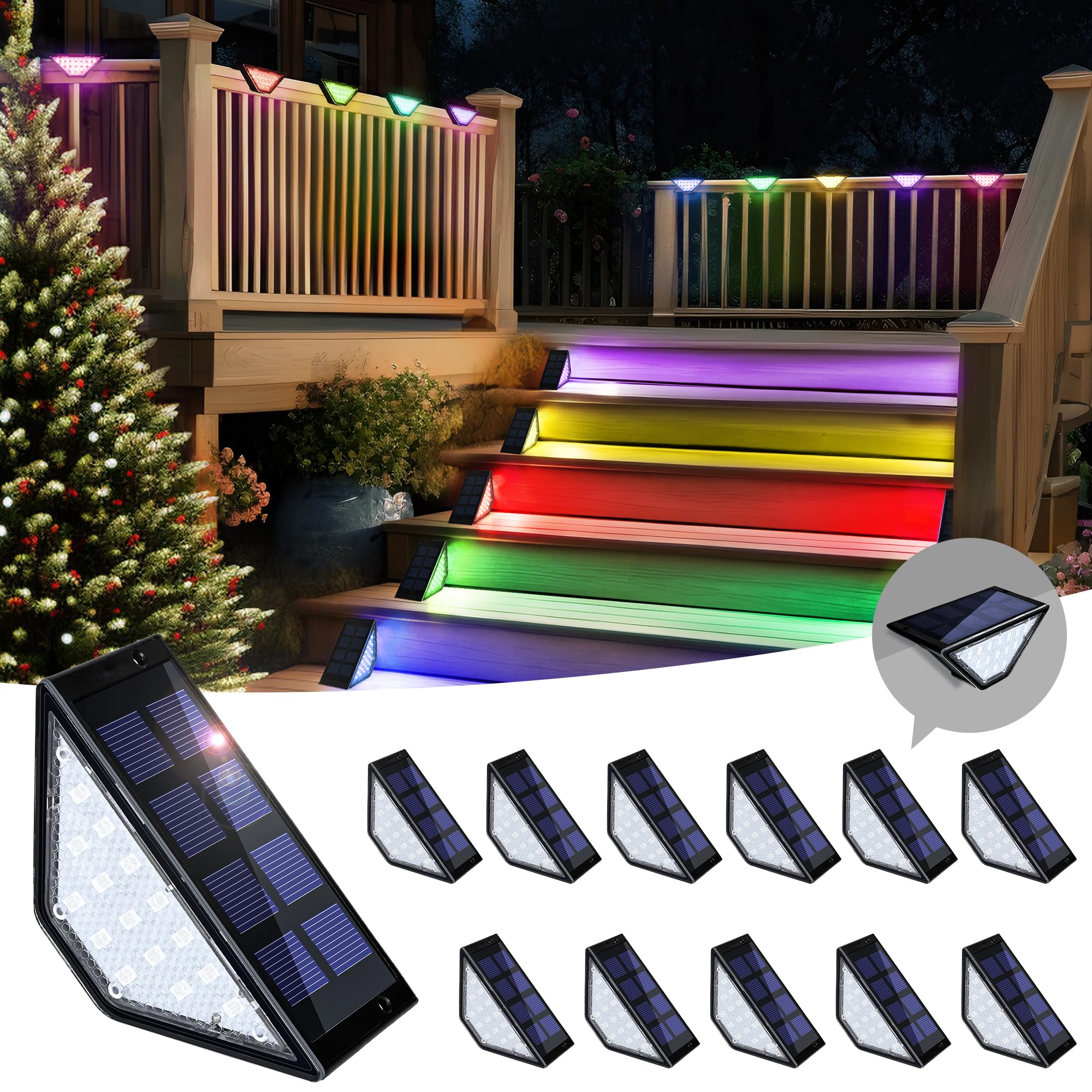 SOLPEX Solar Step Lights, 24 LEDs Outdoor Waterproof Stair Lights, 12 Pack, RGB, Model 9236, for Porch, Yard, Garden, Deck