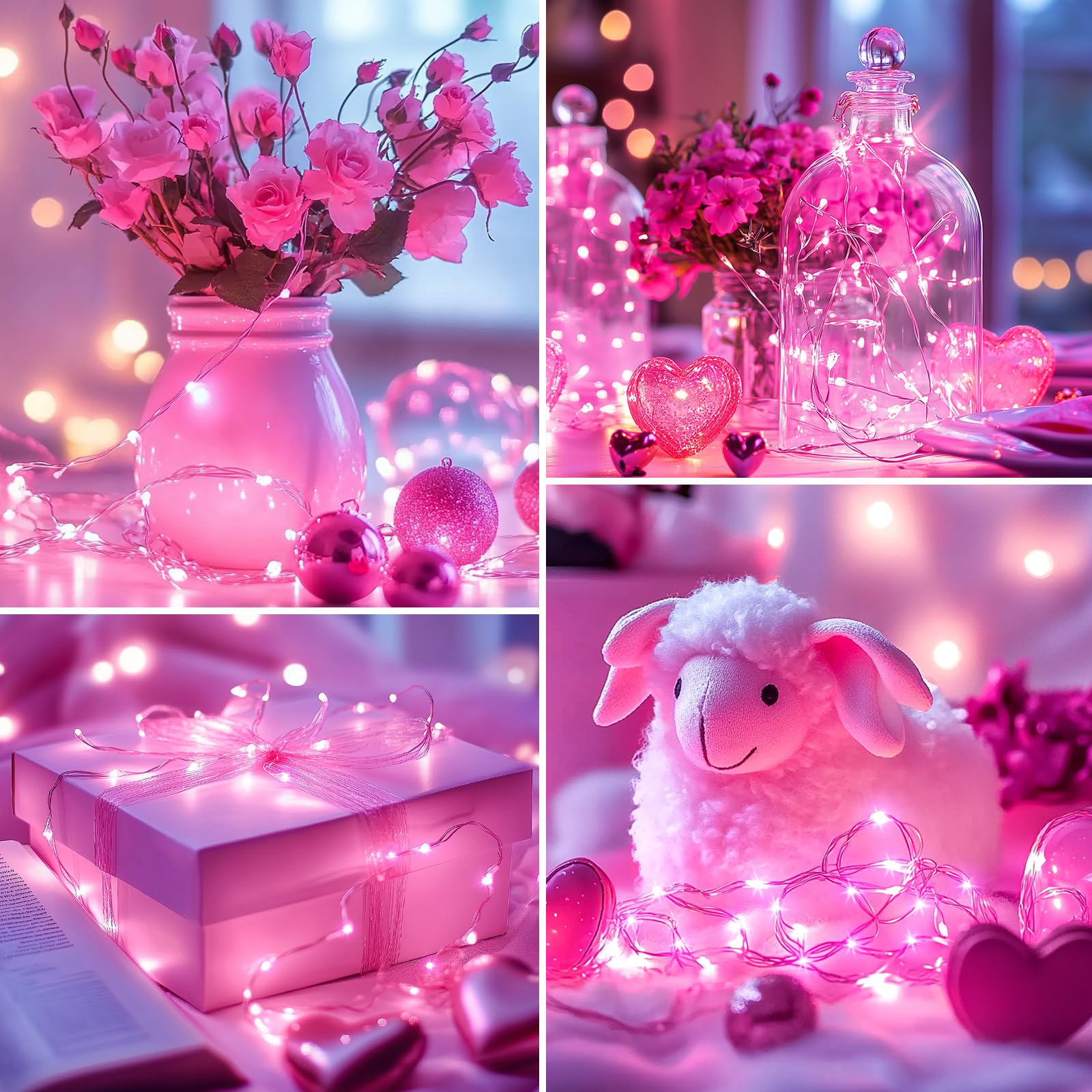 5 Pack Fairy Lights Battery Operated, 7 Feet 20 Led String Lights With Timer, Waterproof Firefly Lights On Silver Wire For Home Party Wedding Christmas Decorations, 6 Hours On/18 Hours Off, Pink