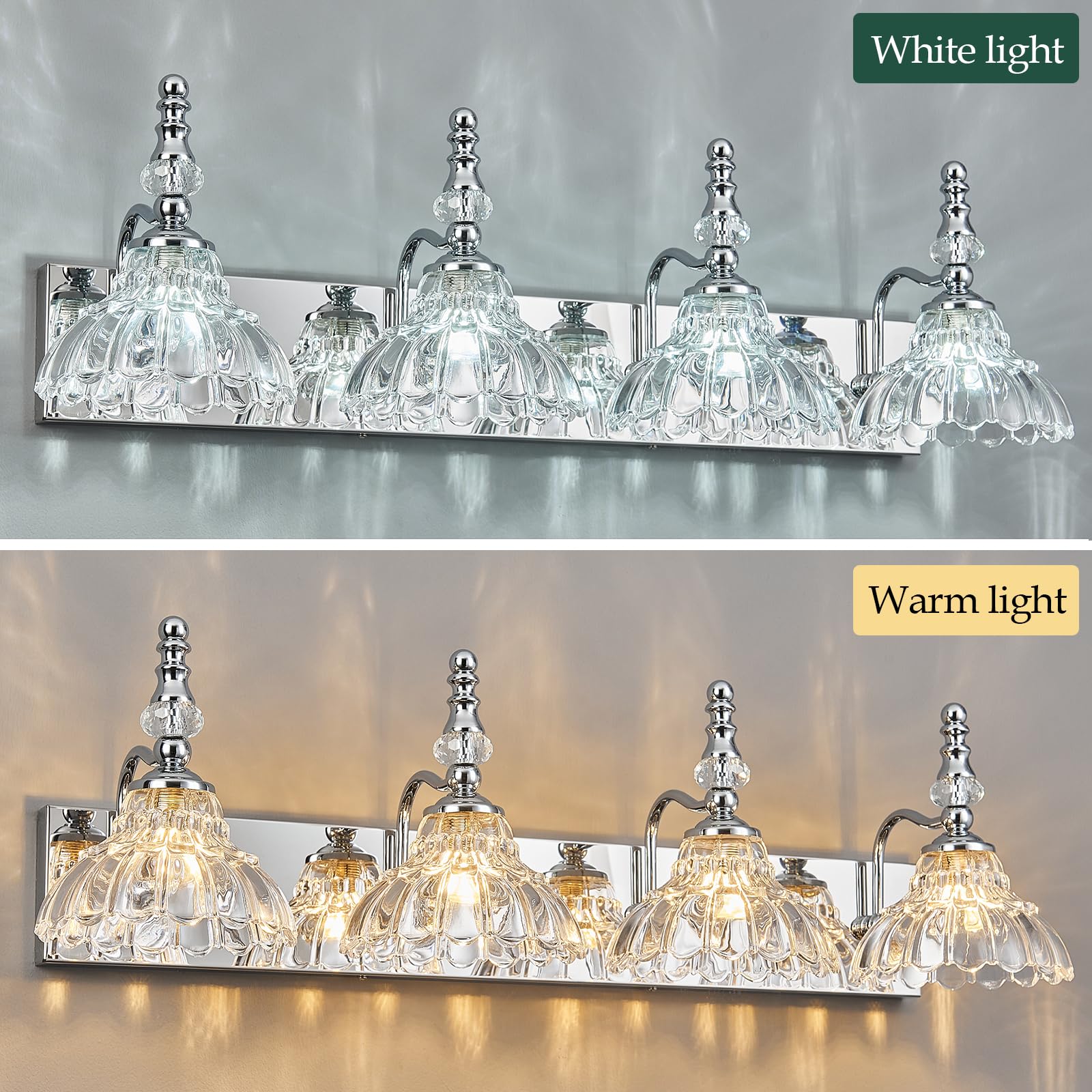 Lbsqj Vintage Bathroom Vanity Light  4-Light Chrome Vanity Lighting Fixture With Flower Glass Shade  Bathroom Lighting Fixtures Over Mirror