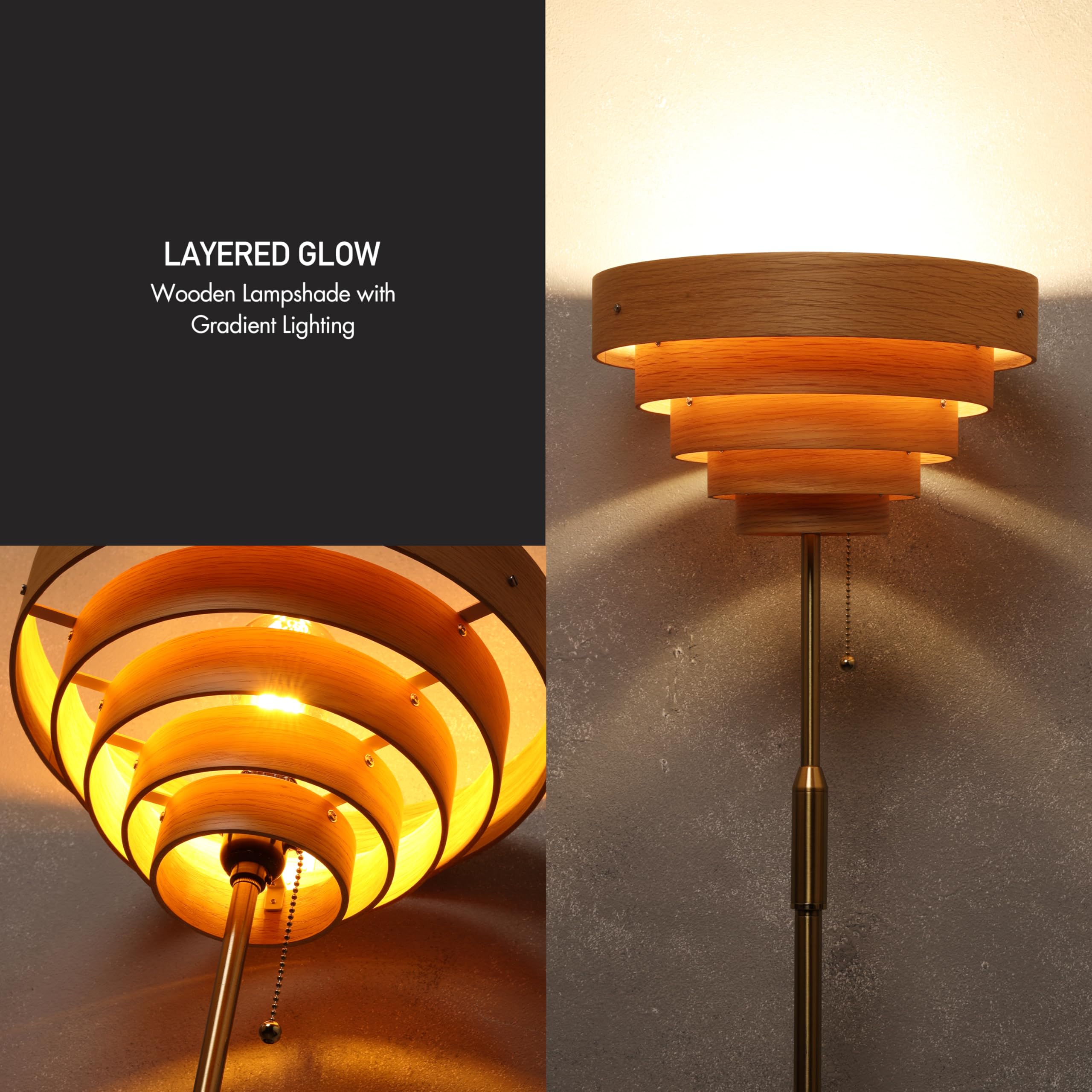 OBright Cascade Floor Lamp - Modern Wooden Lampshade, E26 Socket, Pull Chain Switch, Metal Base, Antique Brass