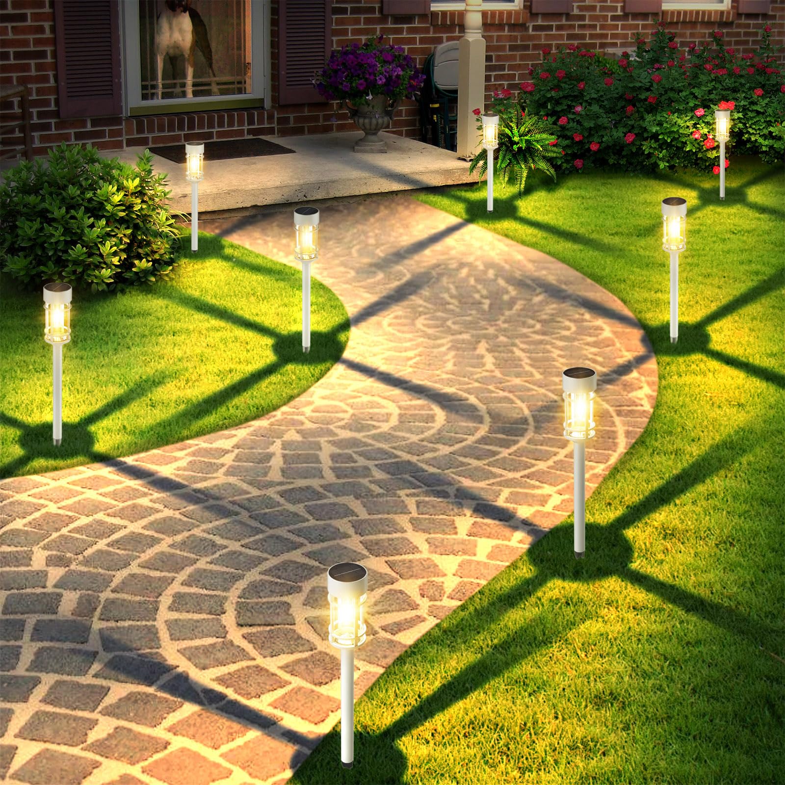Mancra Solar Pathway Lights, 8 Pack LED Waterproof Garden Lights, Dusk to Dawn, White, Model WHPathLigh
