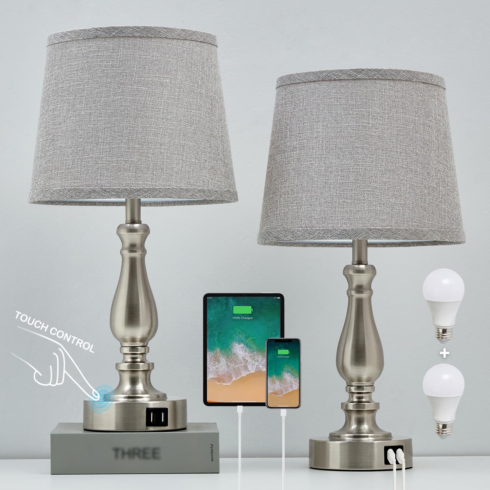 Ejiaxin Table Lamps For Bedroom Set Of 2,3 Way Dimmable Touch Bedside Lamps With Dual Usb A+C Ports - Nightstand Lamp For End Ta