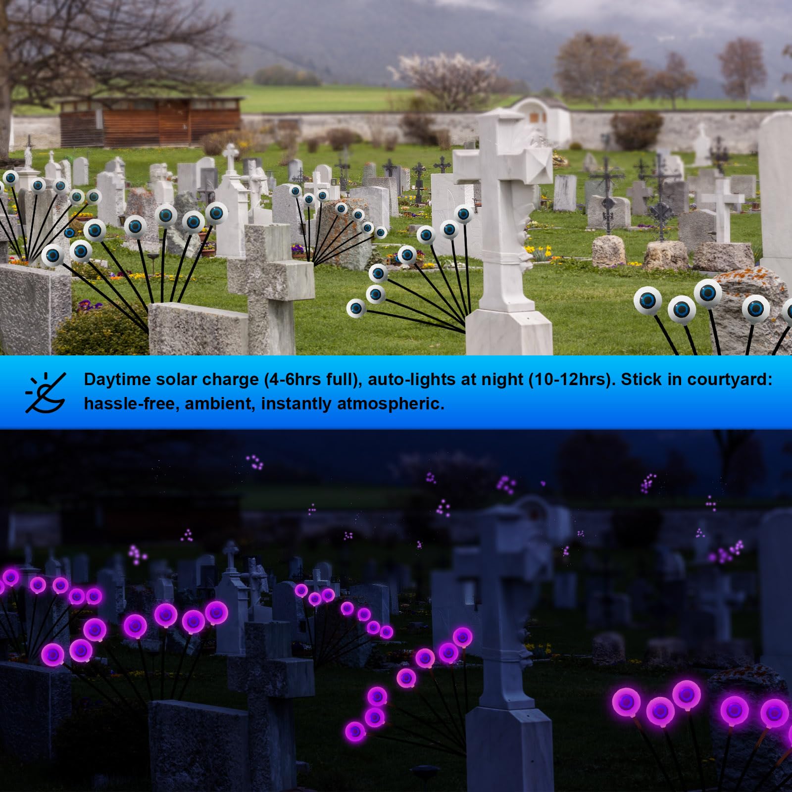 RE:BLEU Halloween Eyeball Lights, 4 Pack, 32 LED, Solar Powered, Purple, Outdoor Decorations, Scary Path Lights for Yard, Model AE002