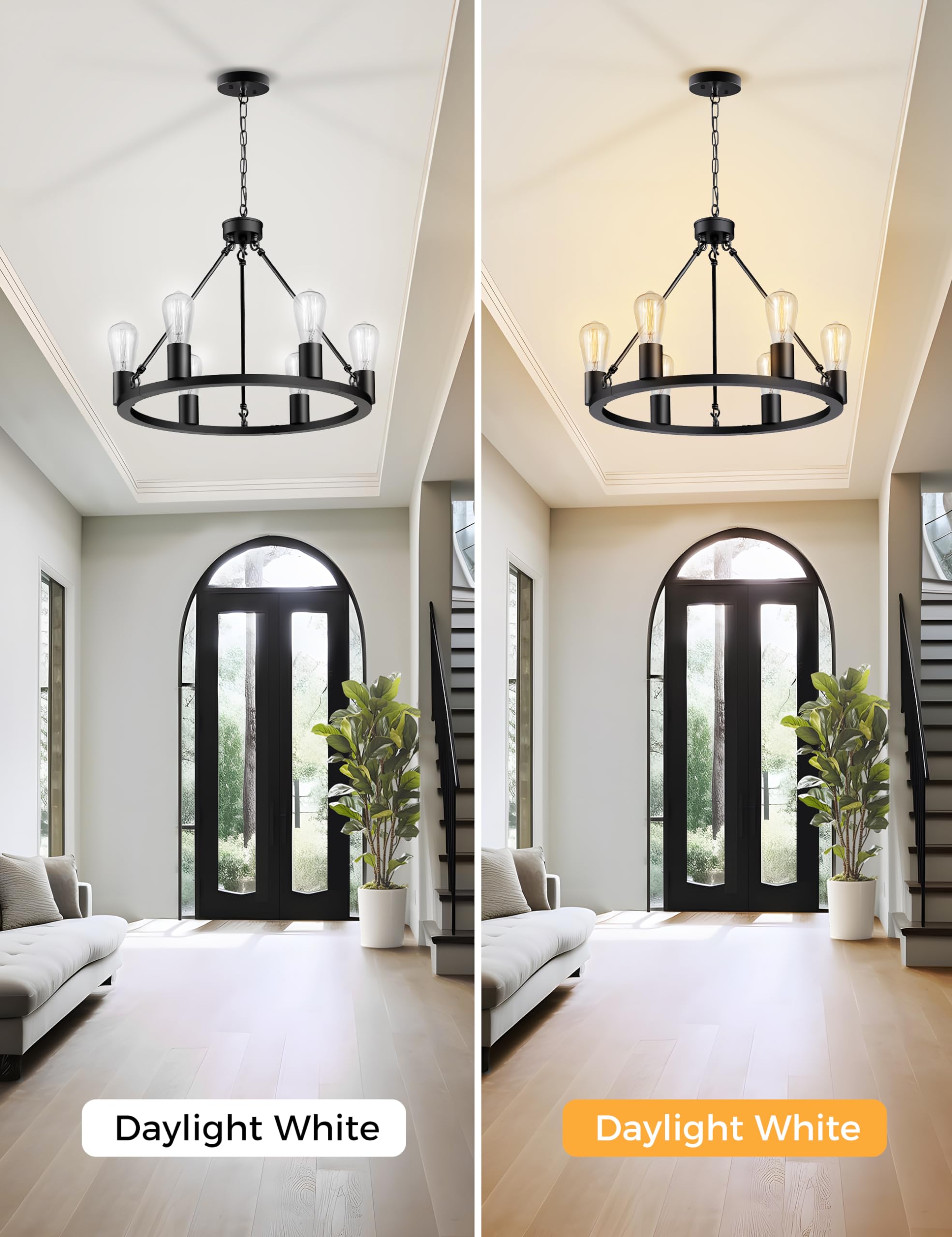 L Lohas Led Black Farmhouse Chandeliers For Dining Room, 6-Light Wagon Wheel Chandelier Over Table, Height Adjustable, 19'' Dini