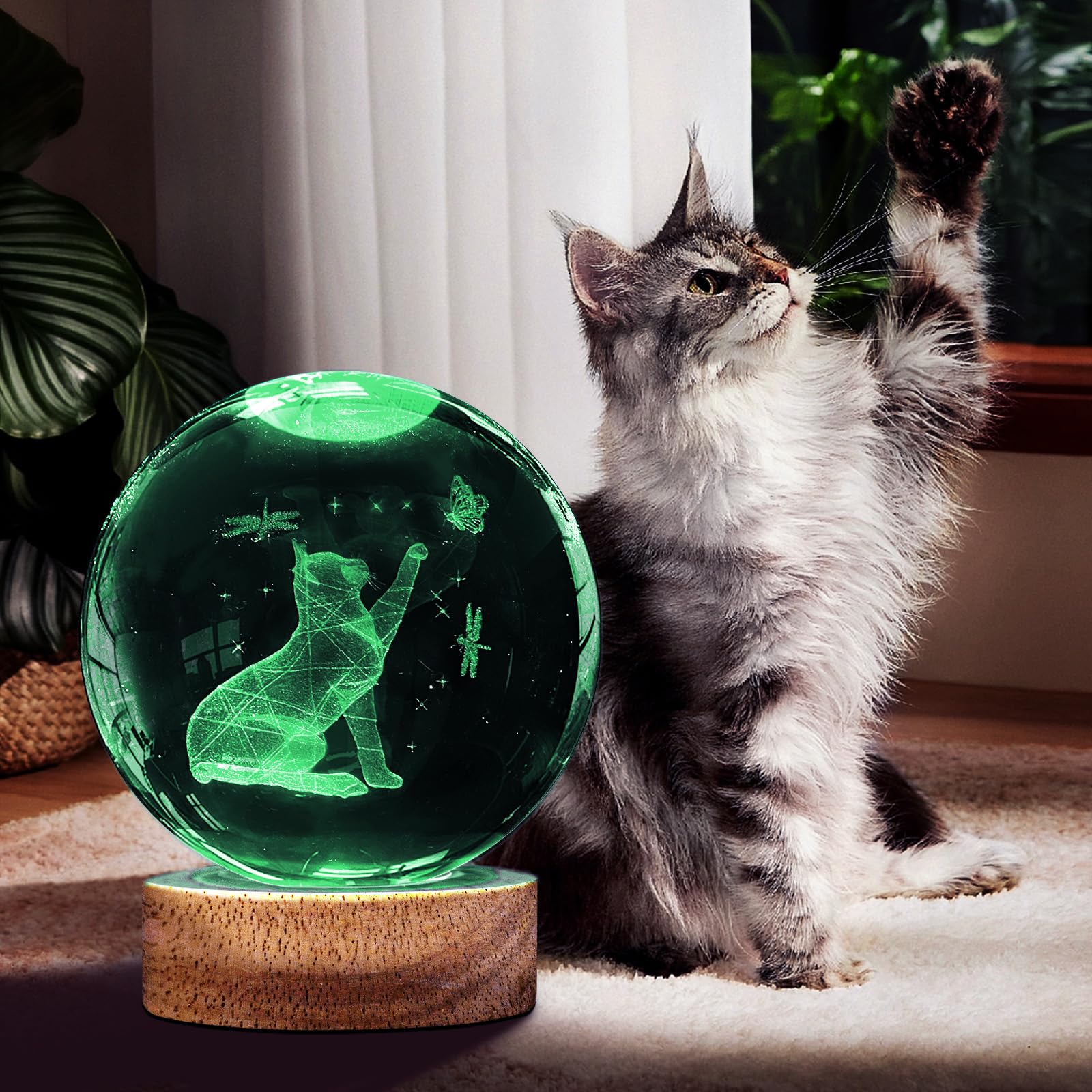 Huntalg 3D Cat Crystal Ball Night Light - 3.15" Cute Cat Glass Lamp with 16 Colors - Perfect Gift for Cat Lovers