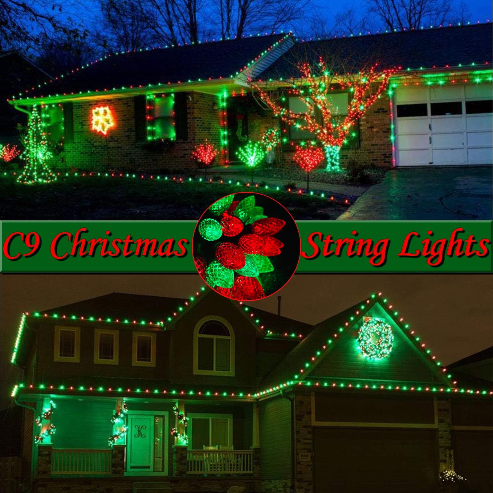 Kaq 2Pk 100Led Red And Green C9 Christmas Lights Waterproof Indoor Outdoor  Extendable 98Ft String Lights Plug In With 13 Lighting Modes  C9 Christmas Decorations For Party Patio  Outside Yard Decor